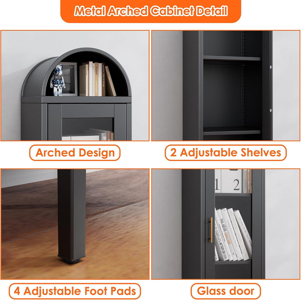 Aobabo 63'H Metal Arched Display Cabinet with Glass Door,Arched Bokcase with 2 Adjustable Shelves for Home Office,Assembly Required, Black