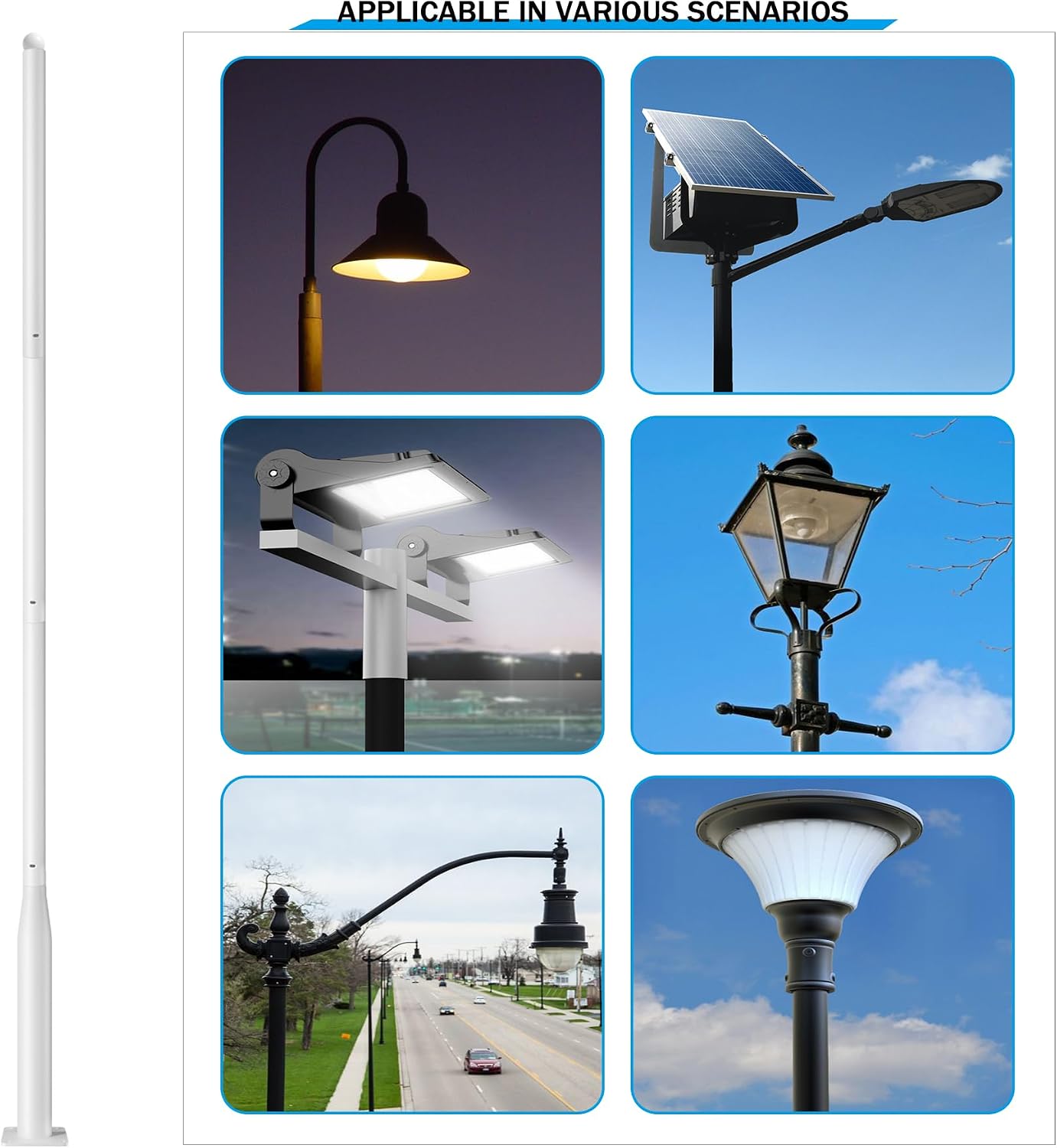 Street Light Pole 13Ft for Outdoor Lighting, Solar Street Light Pole Accessory for Street, Patio, Backyard, Basketball Court, Park, White