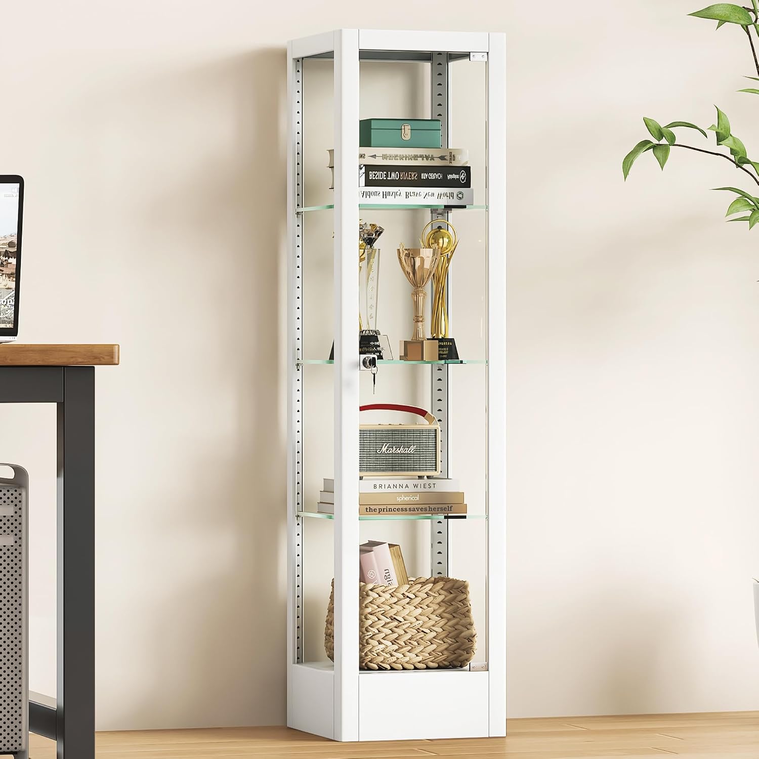 Glass Display Cabinet with Lock & 13 Color Light, Lighted Corner Curio Cabinet with Glass Door & Adjustable Shelves, Metal Display Case for Collectibles Figures Wine China, 15.7' W White