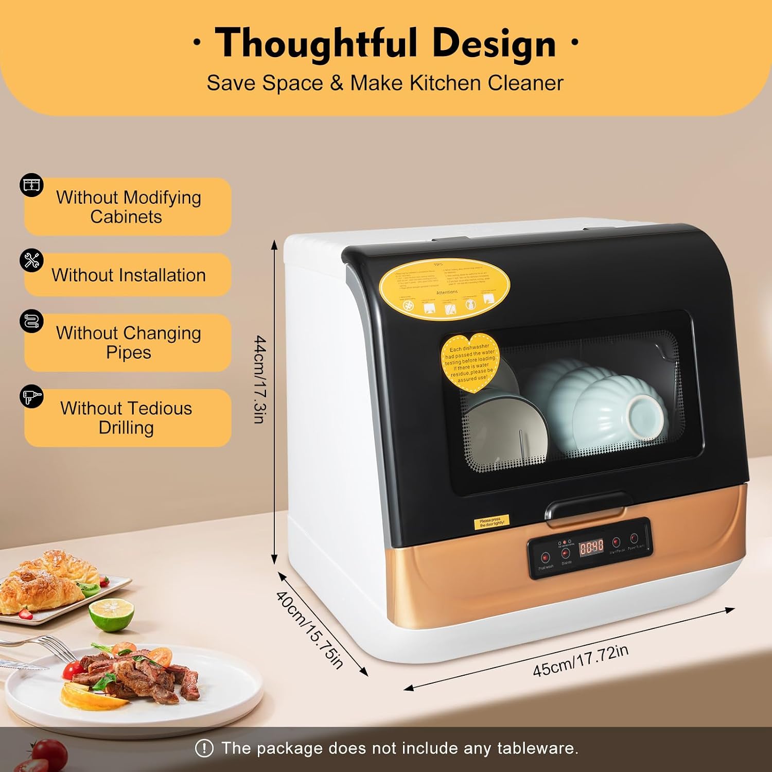 800W Portable Countertop Dishwasher,3 Washing Modes, 158℉ High-Temp, No Installation Needed, Compact Mini Dish Washing Machine with 8L Water Tank for 4-6 Sets Tableware (Type A - Gold)