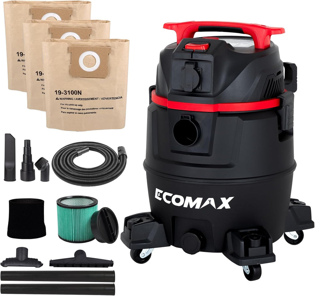 ECOMAX Dust Extractor, Shop Vac, Semi-Auto Filter Clean, 8 Gal 6.5 HP HEPA Wet Dry Vacuum, Anti-Static Hose, Power Tool Take-Off, Dust-Full Indicator, for Woodworking, Workshop and Garage