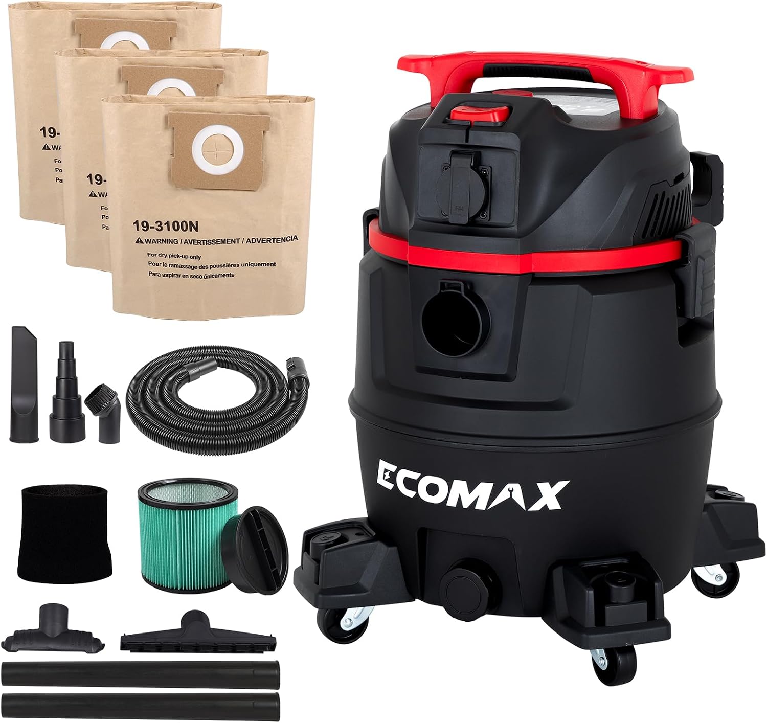 ECOMAX Dust Extractor, Shop Vac, Semi-Auto Filter Clean, 8 Gal 6.5 HP HEPA Wet Dry Vacuum, Anti-Static Hose, Power Tool Take-Off, Dust-Full Indicator, for Woodworking, Workshop and Garage