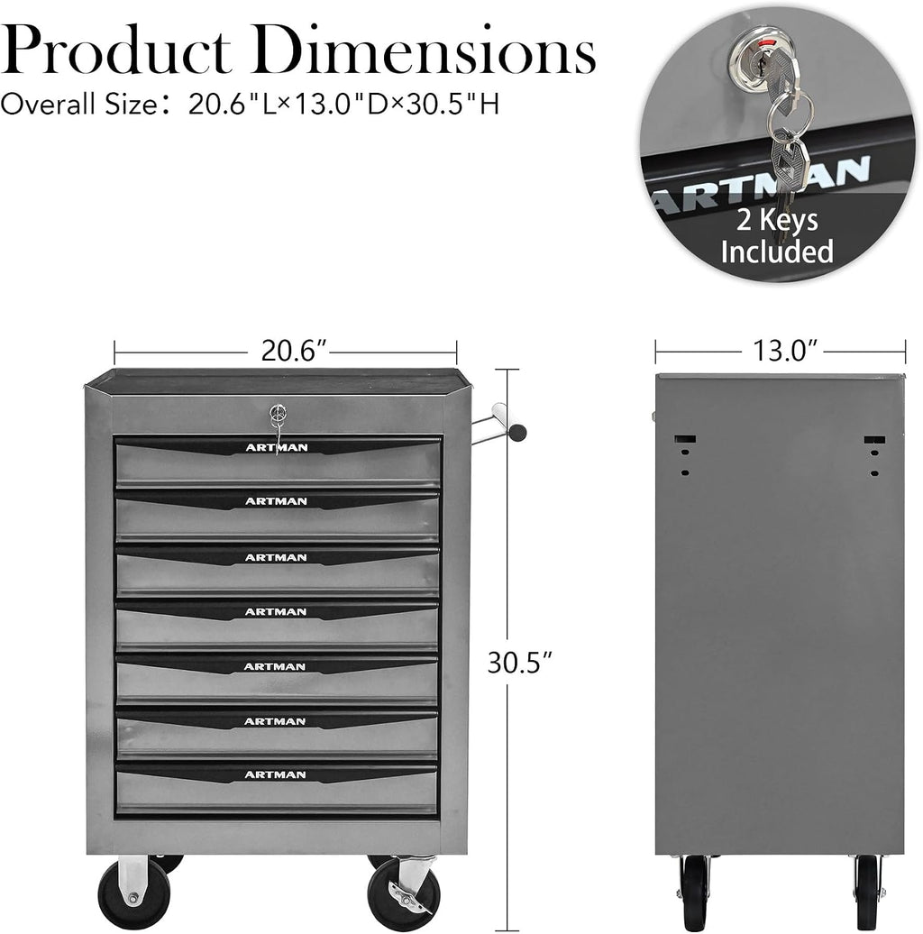 Rolling Metal Tool Chest with 7 Drawers – 20' Steel Tool Storage Box Organizer with Ball Bearing Slides & Lockable Mobile Cabinet on Wheels(Silver)