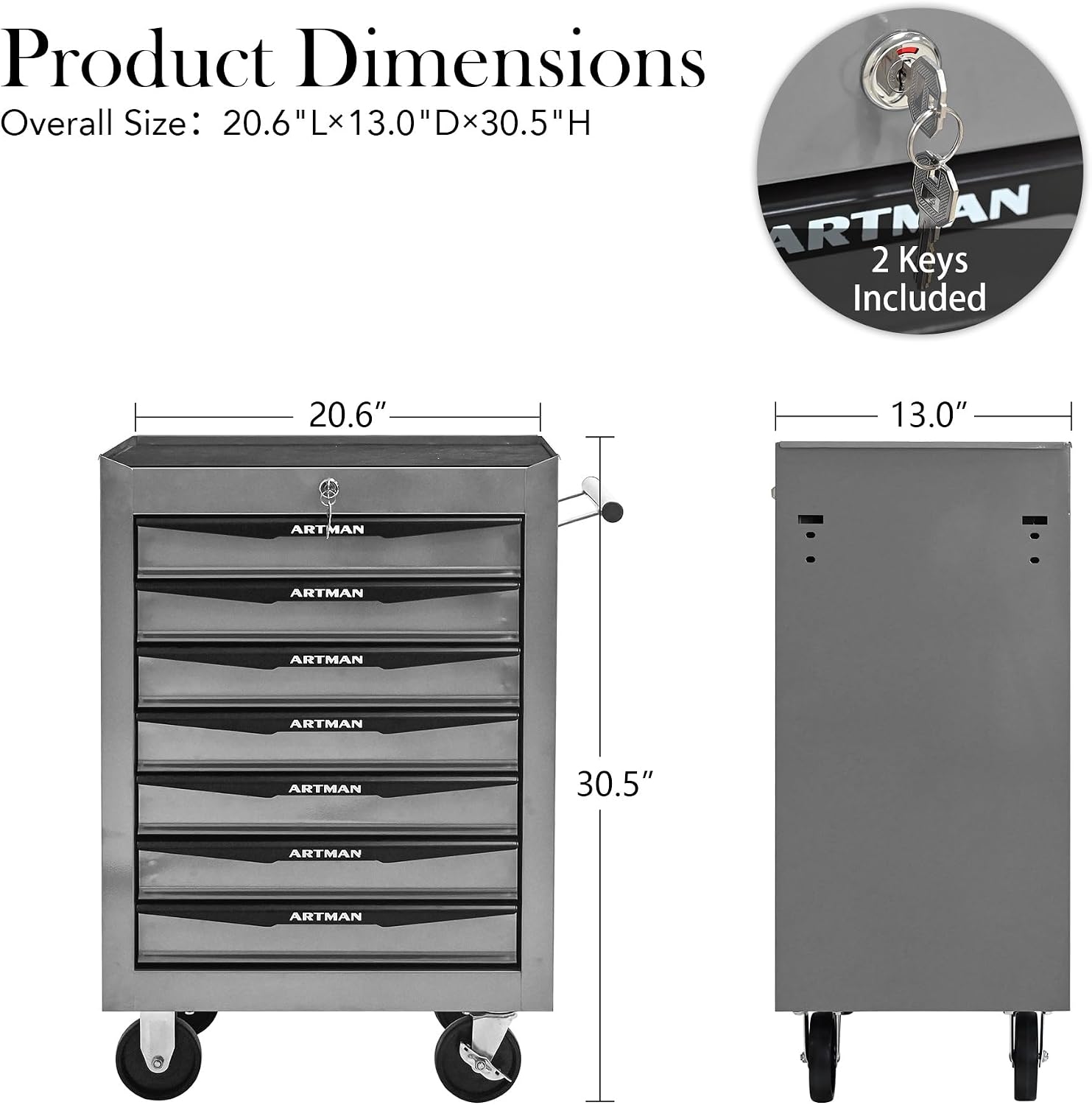 Rolling Metal Tool Chest with 7 Drawers – 20' Steel Tool Storage Box Organizer with Ball Bearing Slides & Lockable Mobile Cabinet on Wheels(Silver)