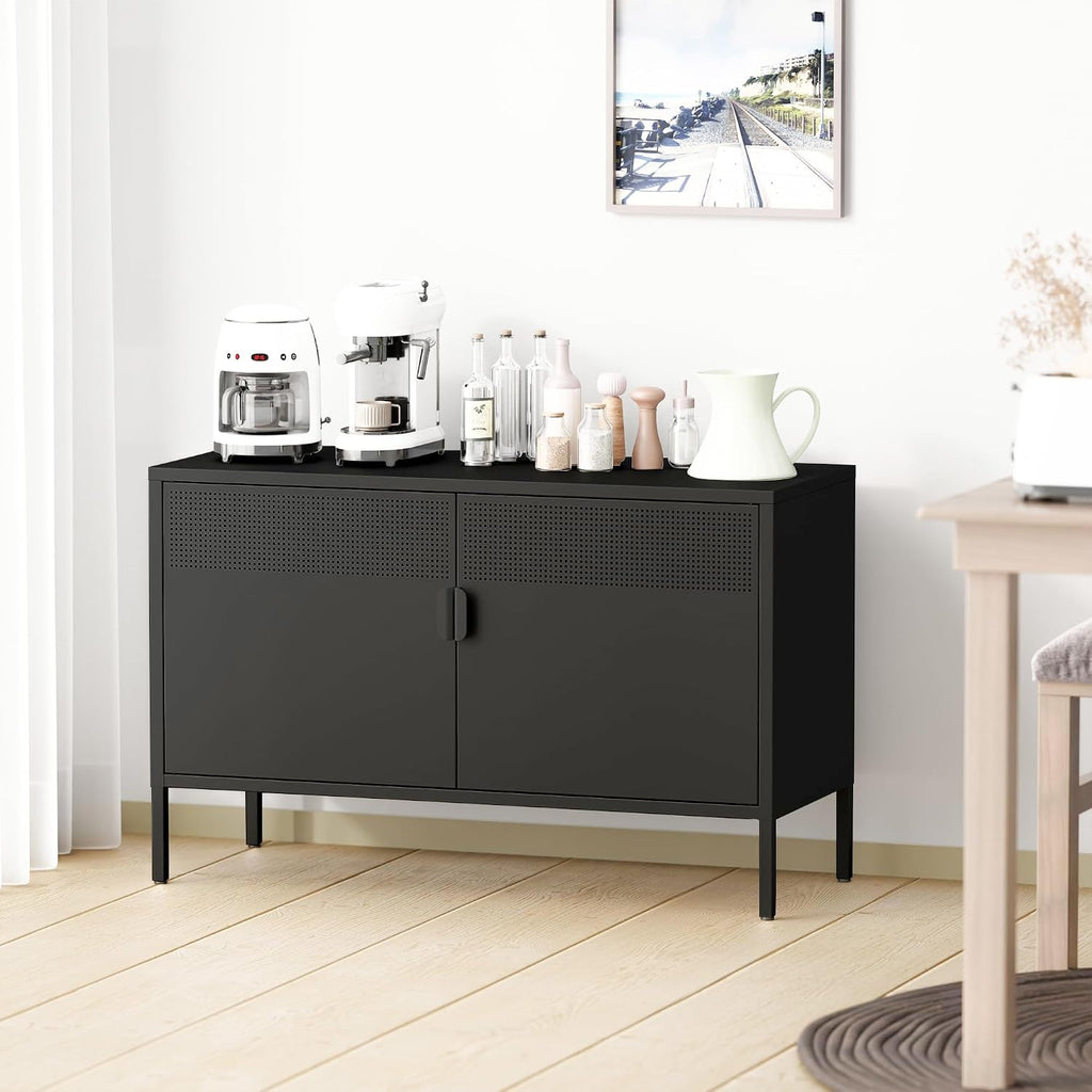 Chshin Metal Storage Cabinet with Doors,Black Accent Cabinet,Metal Locker Storage Cabinets,2 Door TV Media Stand with Removable Shelves for,Home,Office,Entryway,Living Room