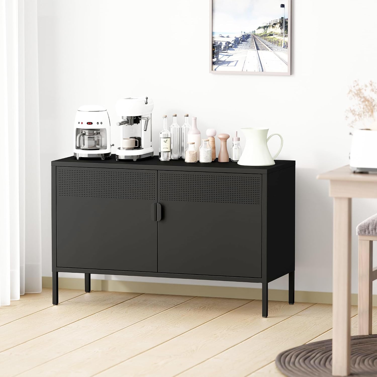 Chshin Metal Storage Cabinet with Doors,Black Accent Cabinet,Metal Locker Storage Cabinets,2 Door TV Media Stand with Removable Shelves for,Home,Office,Entryway,Living Room