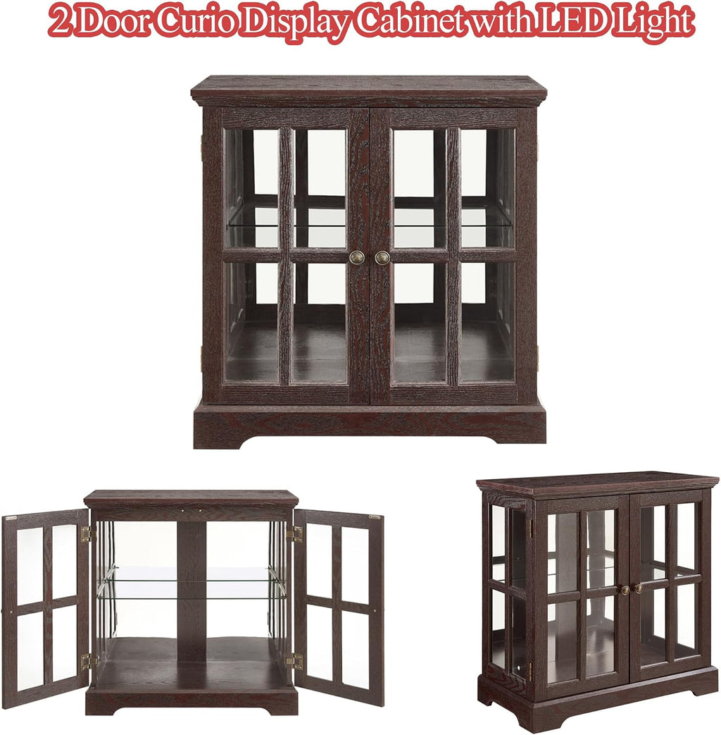 2 Door Curio Display Cabinet with LED Light & Adjustable Shelves, 30' Tableware Display Sideboard w/Mirrored Back Pane, Modern Glass Display Storage Cabinet for Kitchen & Living Room (Cherry)