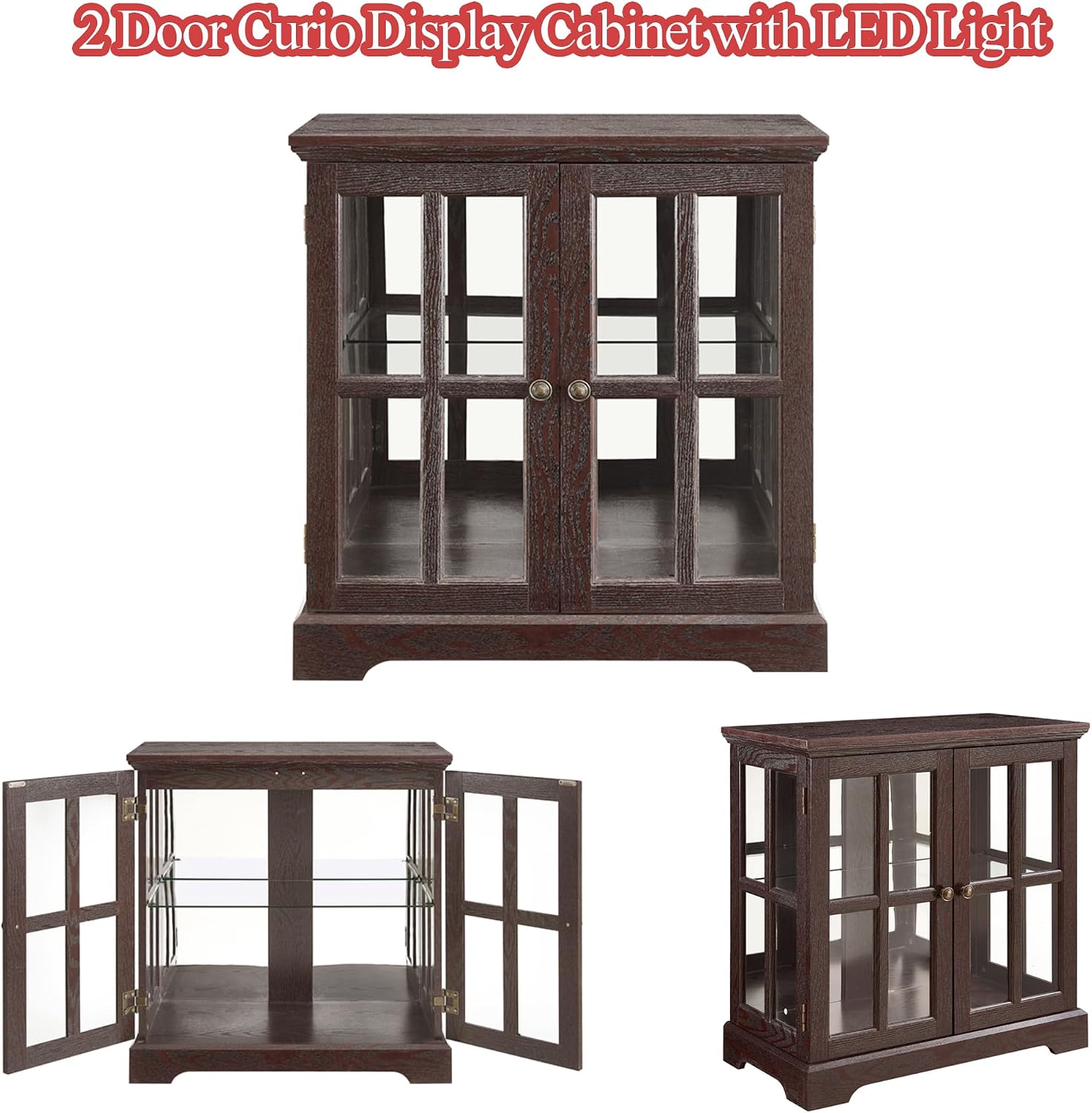 2 Door Curio Display Cabinet with LED Light & Adjustable Shelves, 30' Tableware Display Sideboard w/Mirrored Back Pane, Modern Glass Display Storage Cabinet for Kitchen & Living Room (Cherry)