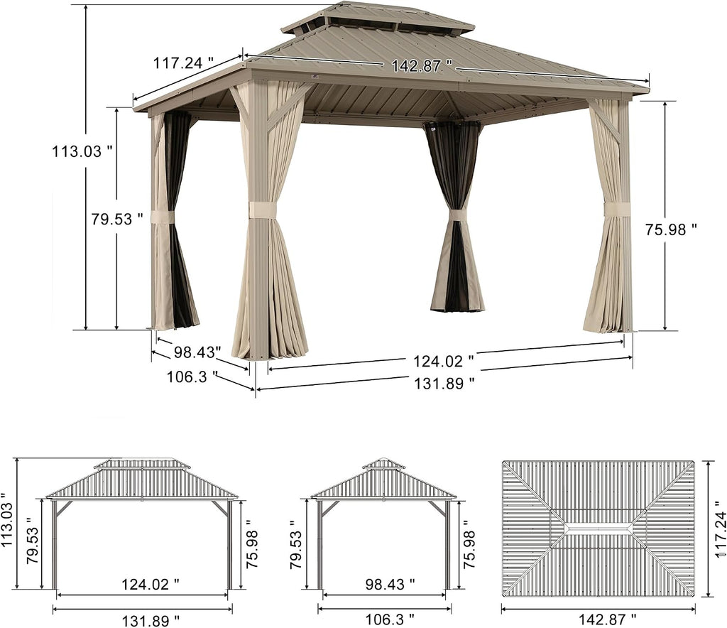 PURPLE LEAF 10' x 12' Outdoor Hardtop Gazebo, Champagne Aluminum Frame with Galvanized Steel Double Roof, Curtains and Netting for Patio Lawn and Garden