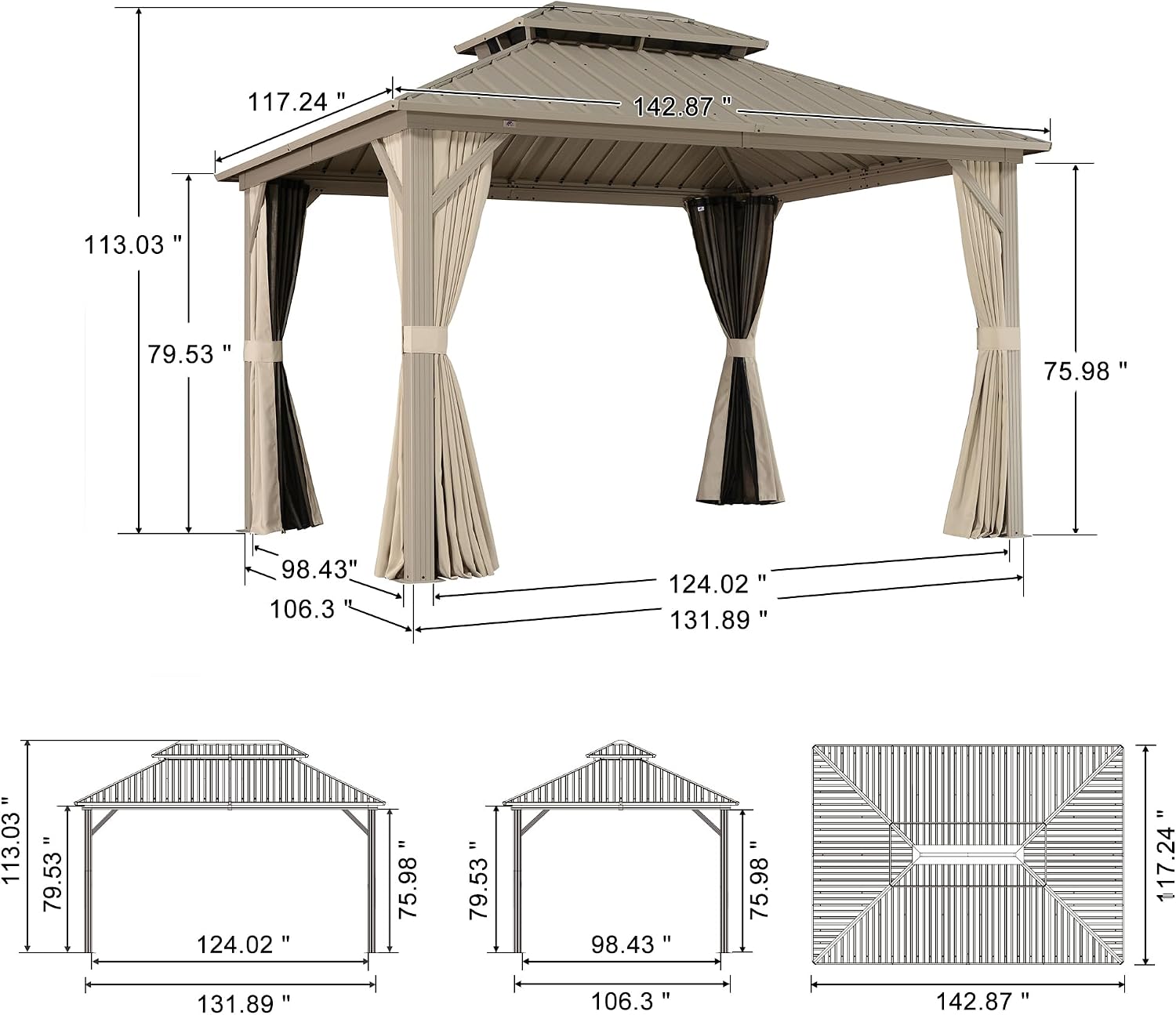 PURPLE LEAF 10' x 12' Outdoor Hardtop Gazebo, Champagne Aluminum Frame with Galvanized Steel Double Roof, Curtains and Netting for Patio Lawn and Garden
