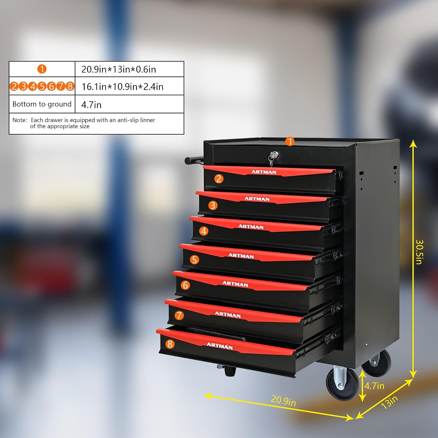 Rolling Metal Tool Chest with 7 Drawers – 20' Steel Tool Storage Box Organizer with Ball Bearing Slides & Lockable Mobile Cabinet on Wheels(Black+Red)