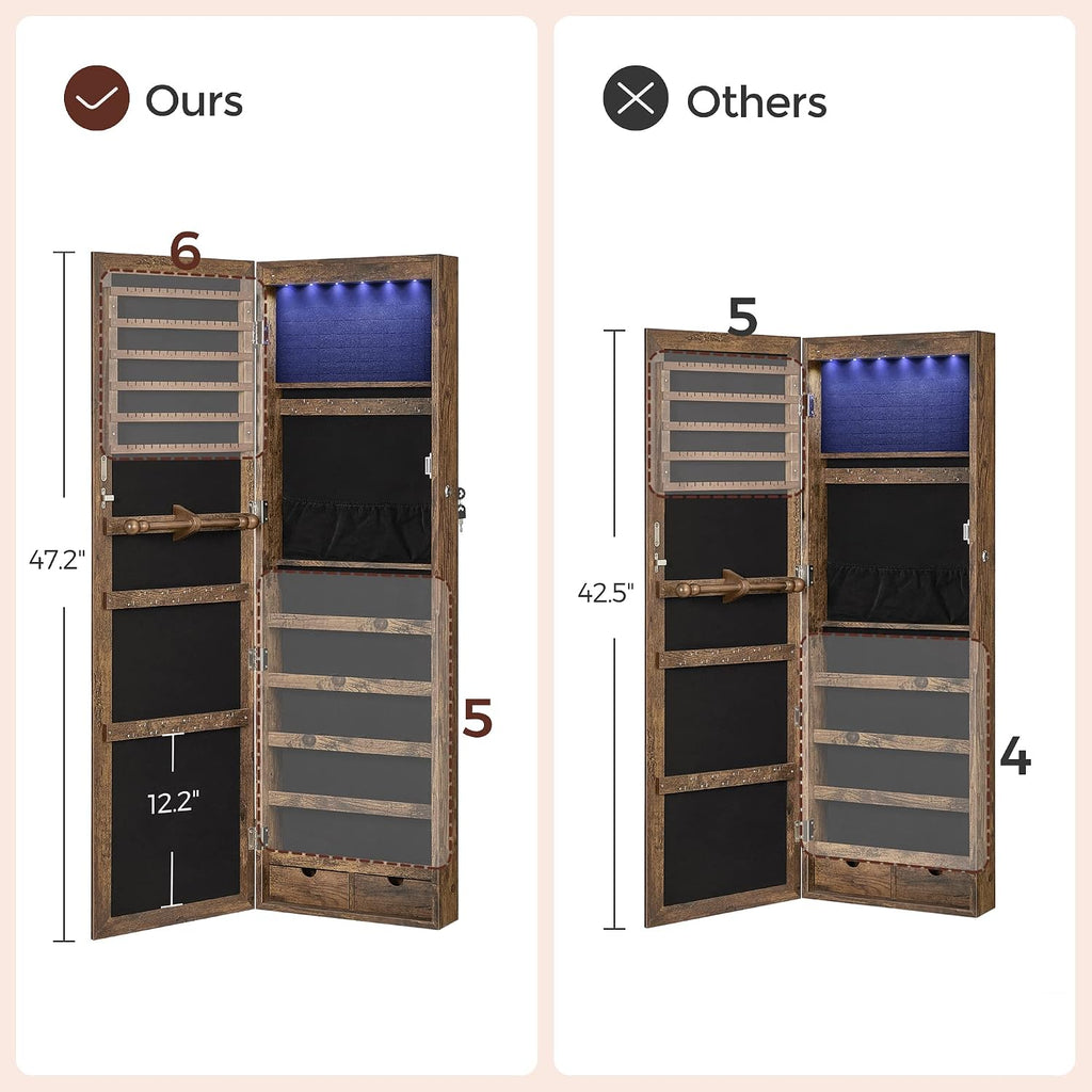 SONGMICS 6 LEDs Mirror Jewelry Cabinet, 47.2-Inch Tall Lockable Wall or Door Mounted Jewelry Armoire Organizer with Mirror, 2 Drawers, 3.9 x 14.6 x 47.2 Inches, Rustic Brown UJJC93CB