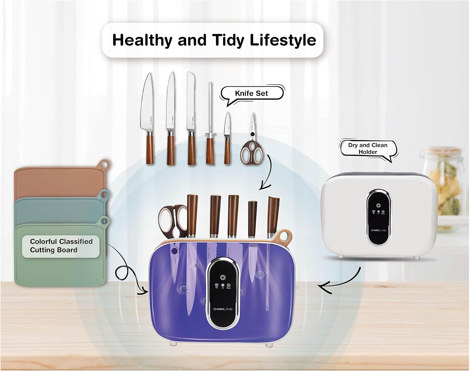 Charmline Smart Cutting Board and Knife Set with Holder, Self-Cleaning & Drying, Space-Saving Kitchen Organizer, Practical Gift for Mom, Dad, Housewarming, Birthday & Christmas