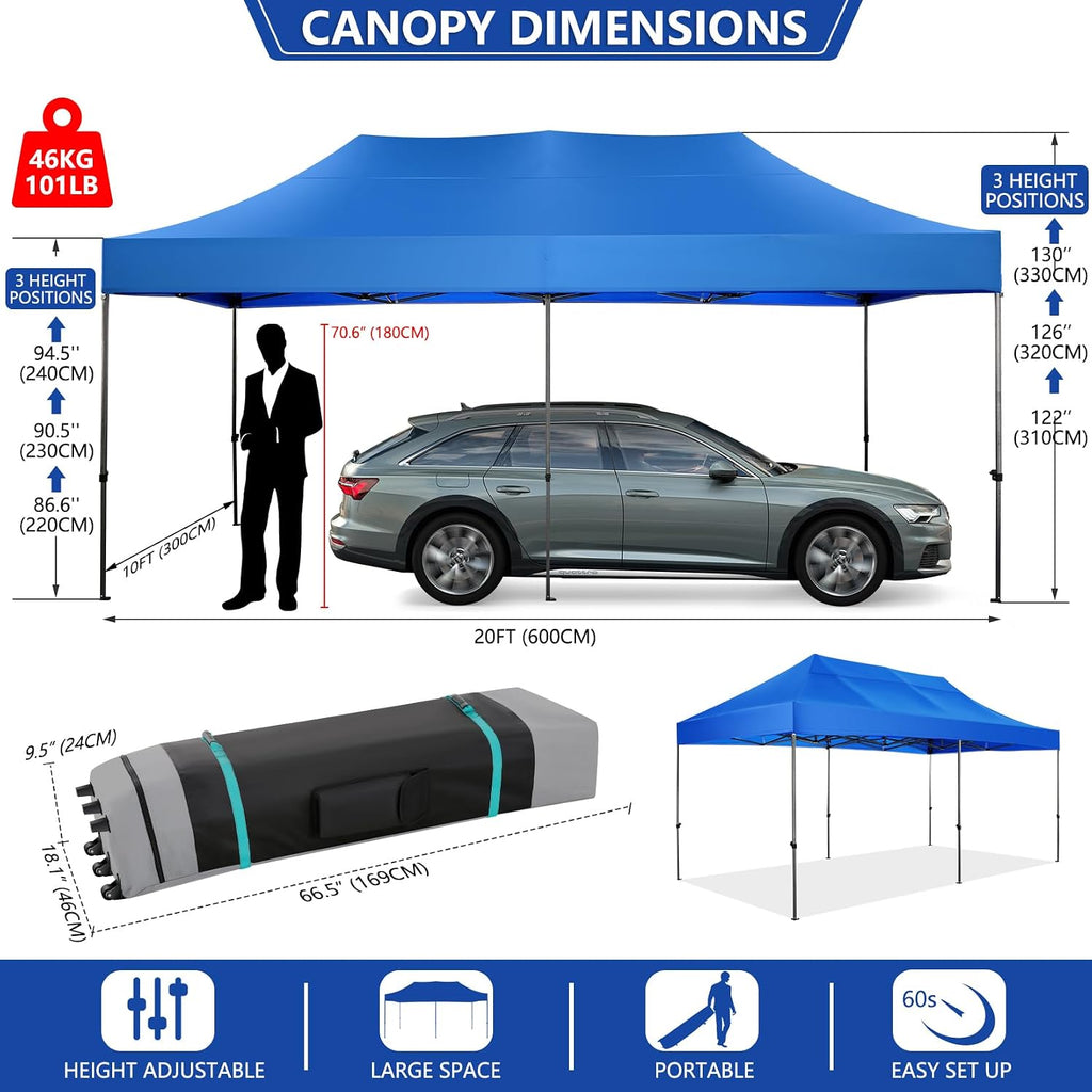 COBIZI 10x20 Heavy Duty Pop Up Canopy Tent with 6 Sidewalls Thicken Frame, Commercial Easy Up Outdoor Wedding Party Tents, All Season Waterproof Windproof with Stakes Sandbags Ropes Roller Bag, Uranus