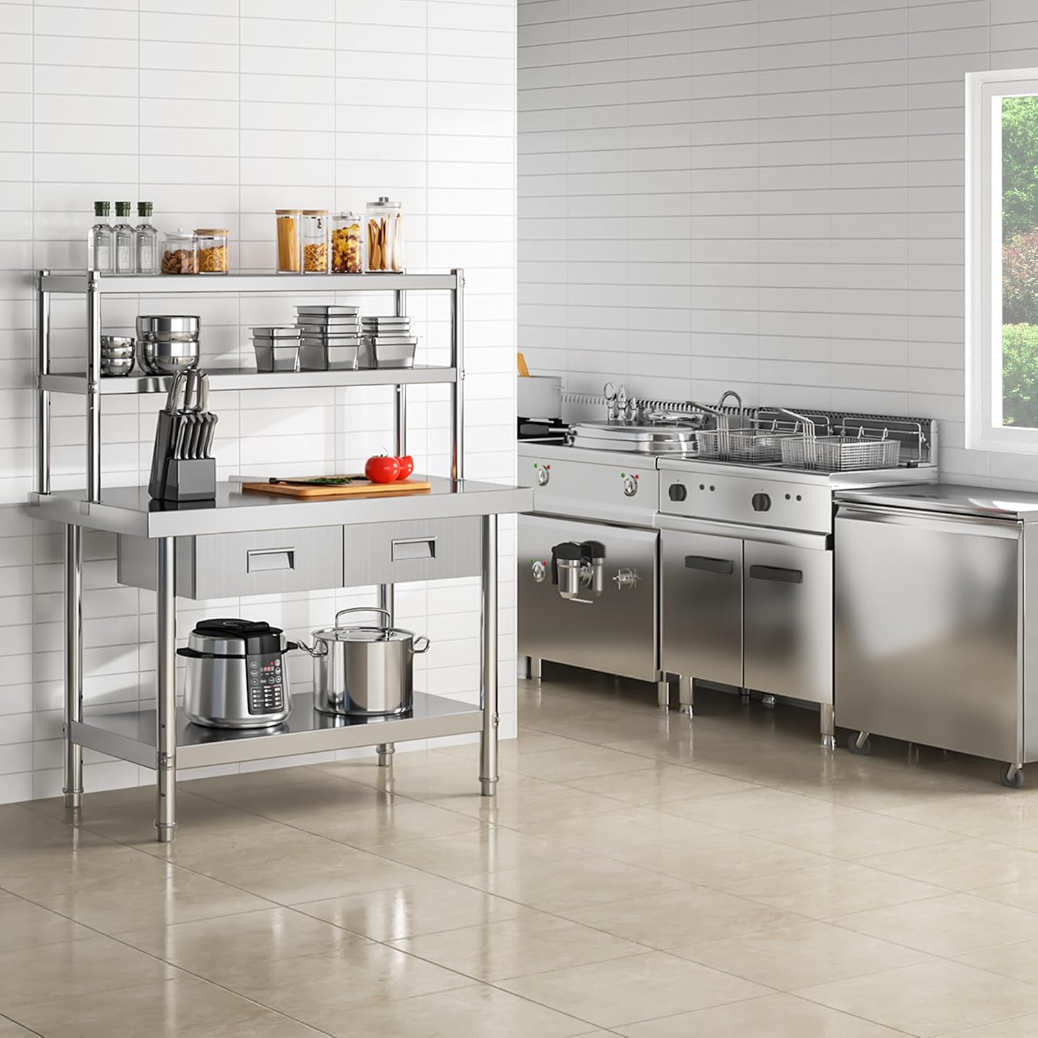YITAHOME 48' × 24' Stainless Steel Table with Overshelves and 2 Drawers, NSF Worktable with 48' X 12' Shelf & 2 Drawers, Metal Prep Workstation for Home Kitchen Restaurant Garage Warehouse