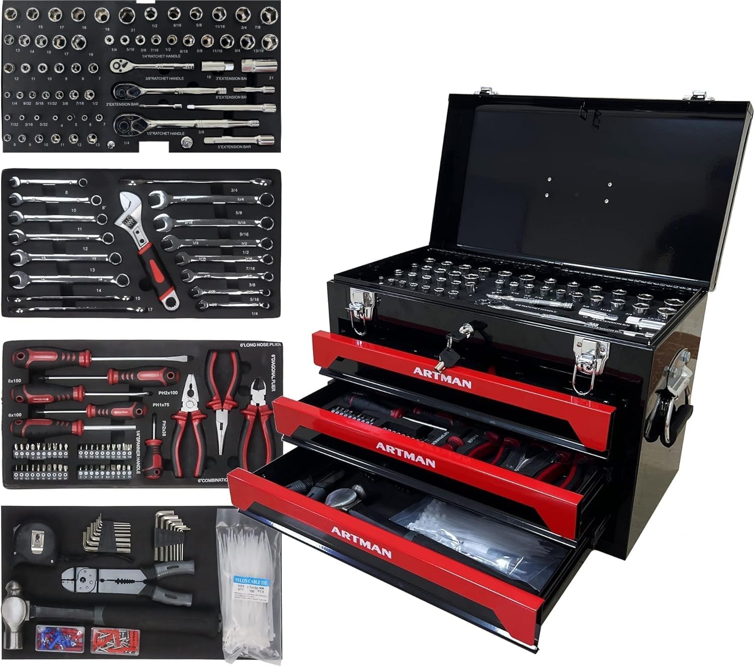 tool box with tools, tool set mechanics kit, 439 piece tool set, socket wrench set, mechanic tool set, heavy duty tool box, home tool kit, automotive tools, DIY tool set (439pcs-red)