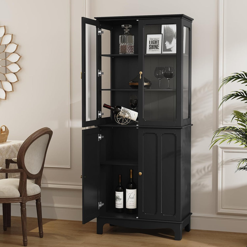 ARTPOWER 72' Freestanding Kitchen Pantry Storage Sideboard, Classical Tall Cabinet with Glass Door and Adjustable Shelves for Kitchen, Livingroom and Dining Room, Black