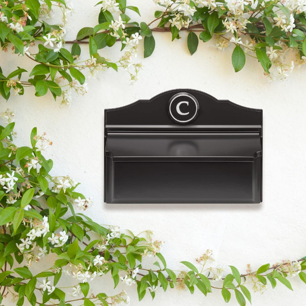Whitehall Custom Wall Mount Mailbox Package - Mail Box with Monogram, Sand Cast Aluminum, Classic Design Black Personalized in Silver