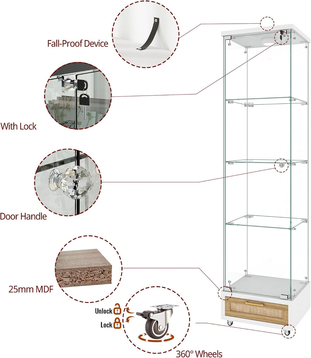 Modern Glass Display Cabinet with LED Light 4-Shelf Curio Cabinets with Rattan Drawer and Wheels,Tempered Glass Display Shelf Bookcase for Living Room Home Office