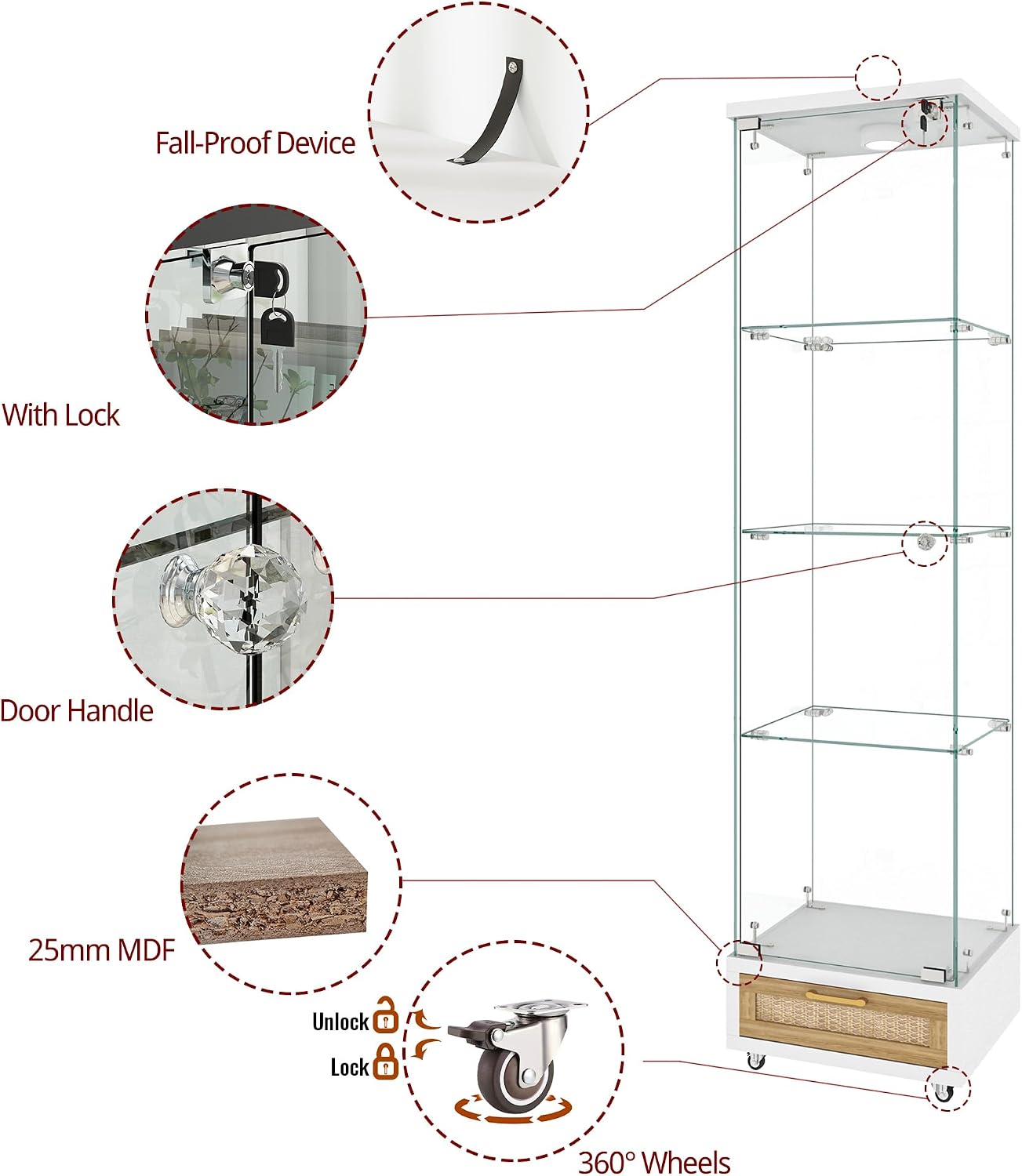 Modern Glass Display Cabinet with LED Light 4-Shelf Curio Cabinets with Rattan Drawer and Wheels,Tempered Glass Display Shelf Bookcase for Living Room Home Office