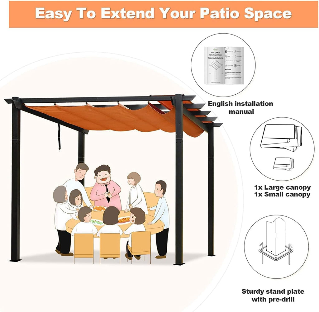 Dimi 10' x 13' Aluminum Retractable Pergola with Sun Shade Patio Gazebo with Weather-Resistant Canopy for Backyard Deck Garden Grape Trellis Outdoor Pergola, Beige