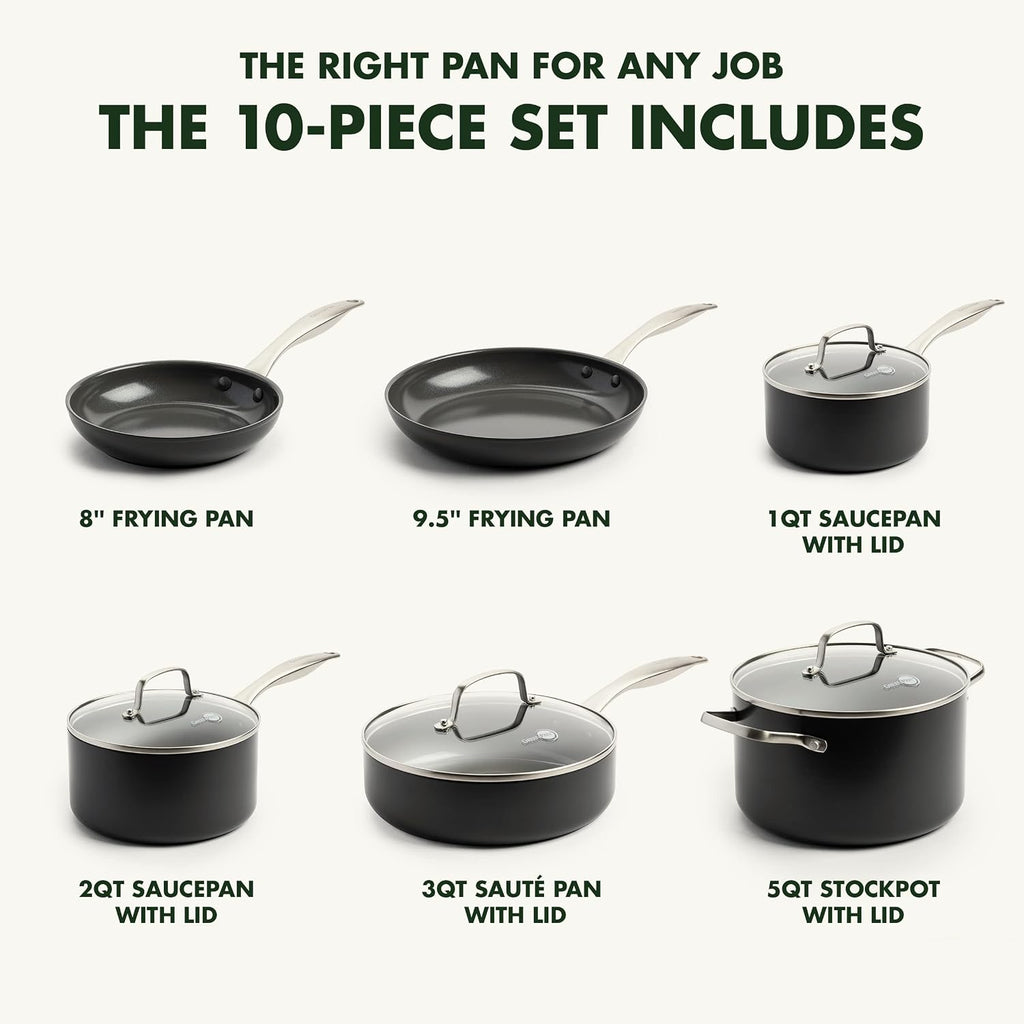 GreenPan Canterbury 10 Piece Cookware Pot and Pans Set, Hard Anodized PFAS-Free Healthy Ceramic Nonstick, Stainless Steel Handles, Versatile Cooking Essentials, Dishwasher & Oven Safe, Oxford Blue