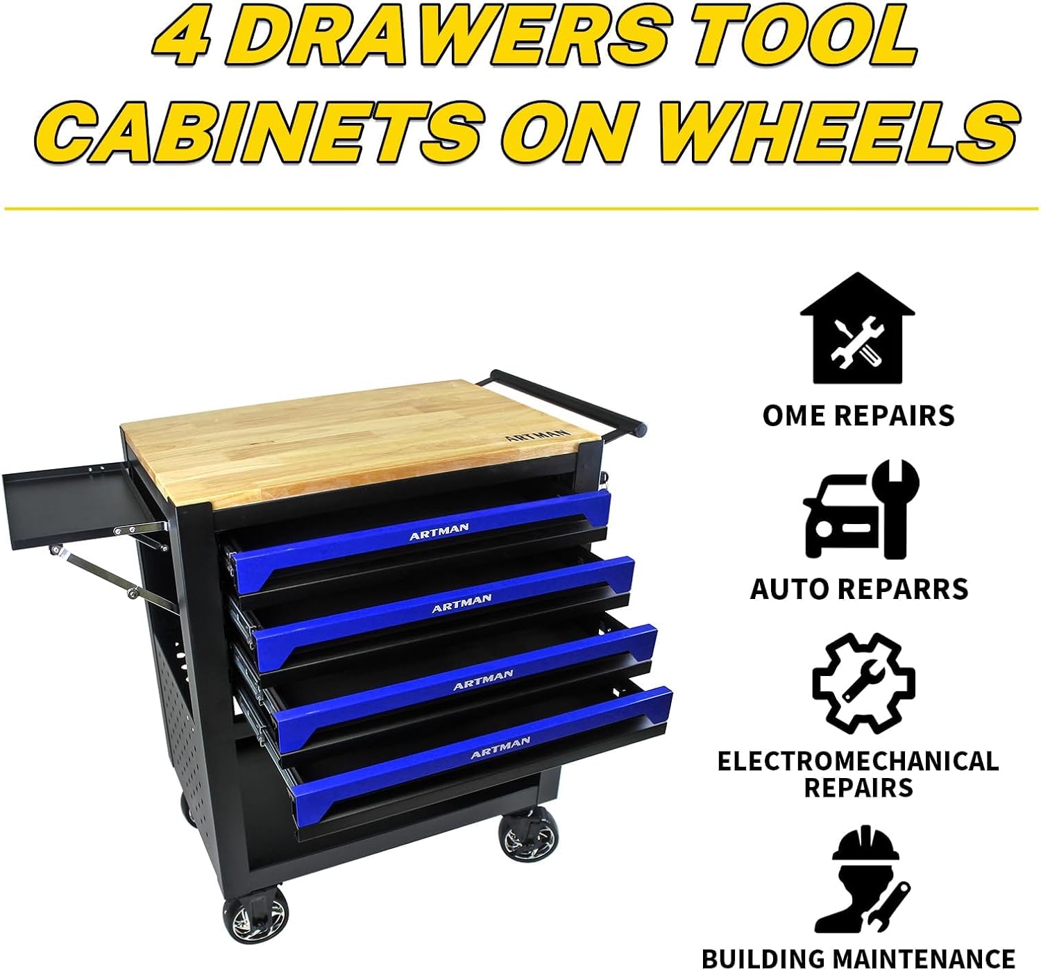 Tool Box with Wheels, Solid Wooden Workbench Top, Portable Garage Storage Cabinet on Wheels with Adjustable Side Shelf, Locking Casters, and Perforated Panels