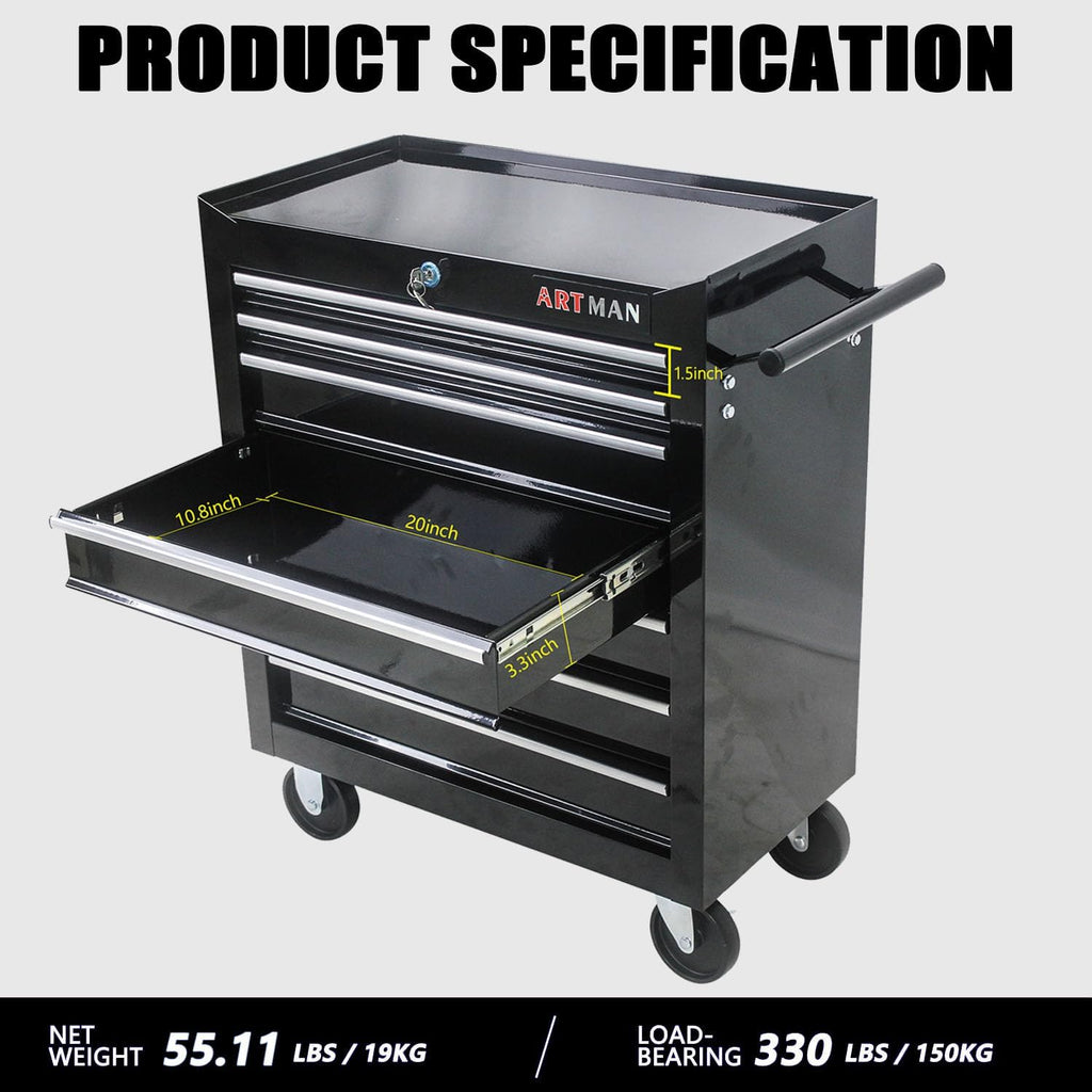 7-Drawer Tool Cart on Wheels, Drawers Rolling Tool Chest with Key Lock, Mobile Trolley Organizer Tools Box with Locking Wheels & Ball Bearing Drawers for Garage,Repair Shop (Black)