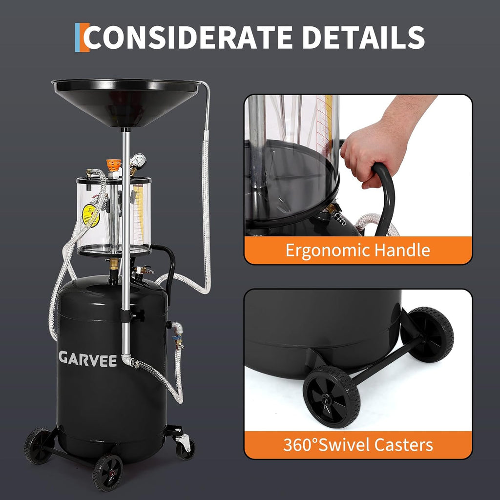 Garvee 20 Gallon Waste Oil Drain Tank, Air Operated Portable Oil Drainer with Adjustable Funnel, Fluid Fuel Transfer Drainage with Wheels, Oil Change Container for Automotive Workshops