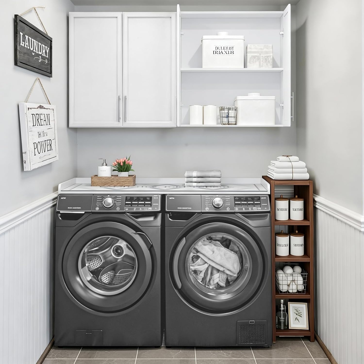 FIMELLO 60' Laundry Room Wall Cabinets and 27.6' x 54' Washer and Dryer Countertop Set, Laundry Room Cabinets Wall Mounted, Upper Cabinets Floating Cabinet - White Laundry Countertop