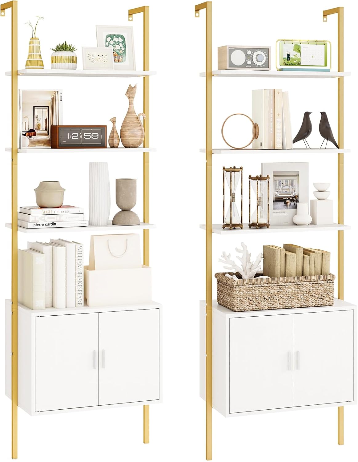 Giantex 5-Tier Wall-Mounted Ladder Shelves Set of 2, 72.5' Tall Bookshelf w/ 2-Door Cabinet, Modern Style Kitchen Open Shelving Organizer, Heavy-Duty Metal Frame Display Rack for Living Room