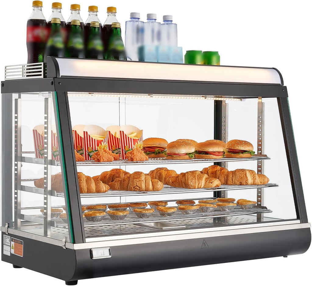VEVOR 3-Tier Commercial Food Warmer Display, 1400W Food Display Warmer with LED Light, Top Storage and Adjustable Shelves, 86℉~185℉ Steam Heating, 105L for Hamburger, Pizza, Bread, Fried Chicken