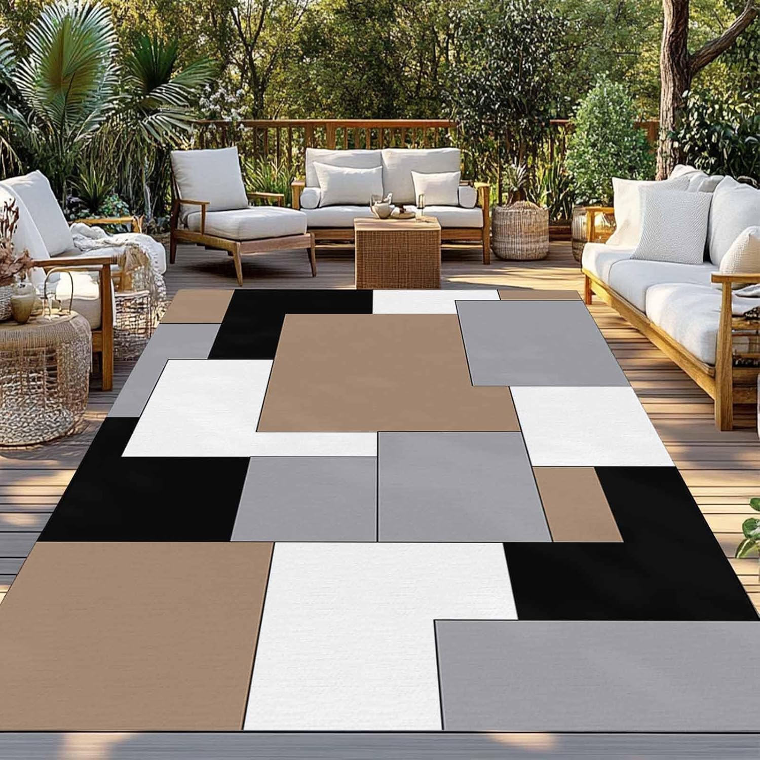 Outdoor Rug 4x6ft Minimalist Art Geometric Check Color Blocks Patio Area Rugs Waterproof Easy Cleaning Non Shedding Thick Mats Colorful Carpet for Indoor Outdoor Porch Deck Backyard Balcony