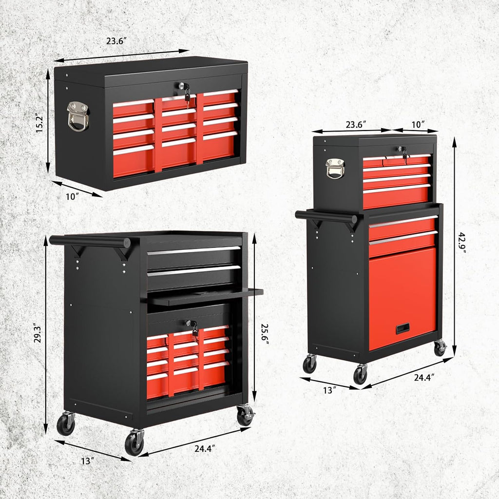 8-Drawers Large Tool Chest, Detachable Top Tool Box, Locking Mechanical tool box with wheels, Large Rolling Tool Box Organizer for Garage, Workshop, Home Crafts