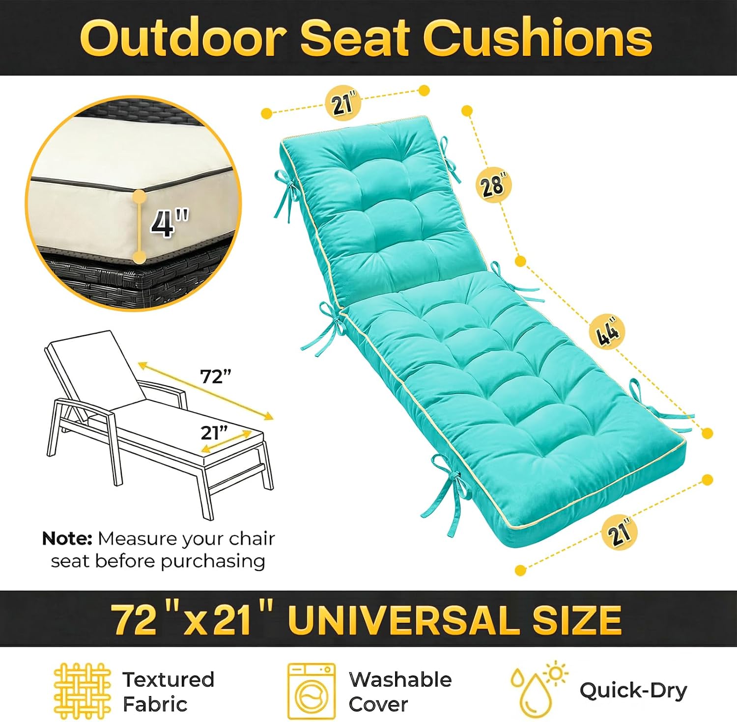 2 Pack 72x21 Inch Folding Chaise Lounge Cushion Quick Dry - Outdoor Sun Lounger Seat Pad with Shredded Foam for Patio Furniture, Deck Chairs, Poolside (Aqua Blue, 72 INCH × 21 INCH-2 Pack)