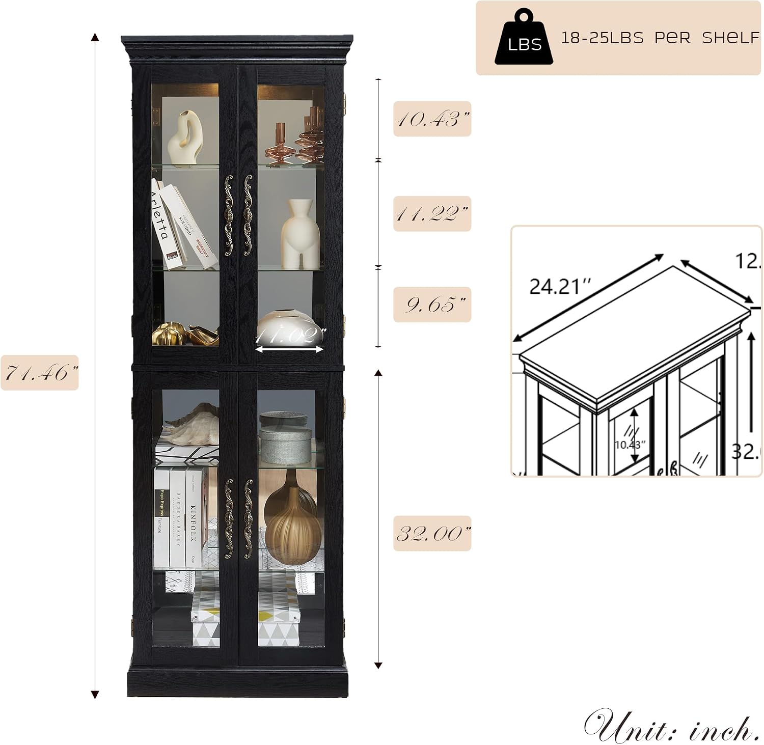 Lighted Curio Cabinet 71' Vintage Glass Display Case with Adjustable Shelves, 4 Tempered Glass Doors, Bulb Included, Wooden Square Wine Bar China Cabinet for Living Room Liquor Storage (Black)
