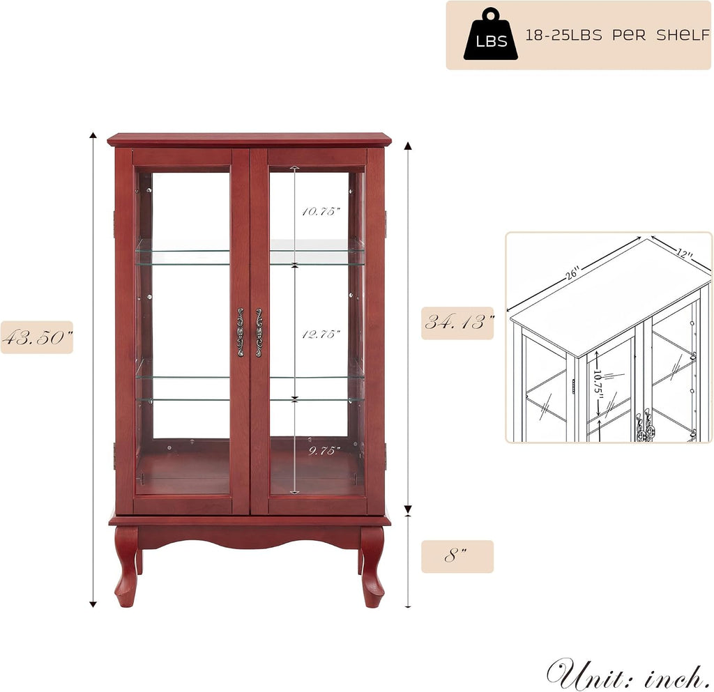 44' Small Lighted Glass Accent Curio Cabinet, Vintage China Cage with 2 Tempered Glass Doors & Adjustable Shelves, Acrylic Mirrored Pane, Elegant Wine Artwork Showcase Rack for Living Room (Cherry)
