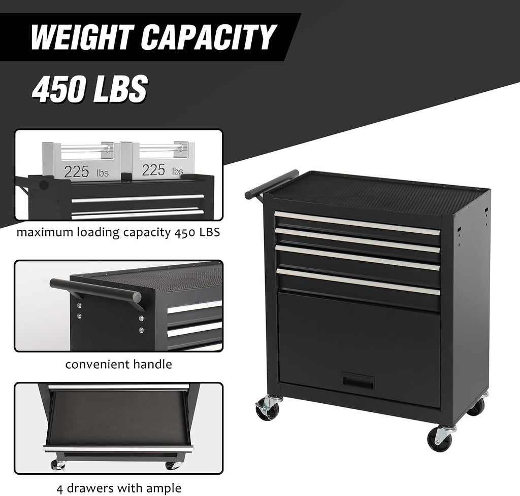 4-Drawer Rolling Tool Chest, Cabinet with 4 Wheels Tool Chest with Drawers, Suitable for Garages, Warehouses, Workshops, Repair Shops, Black