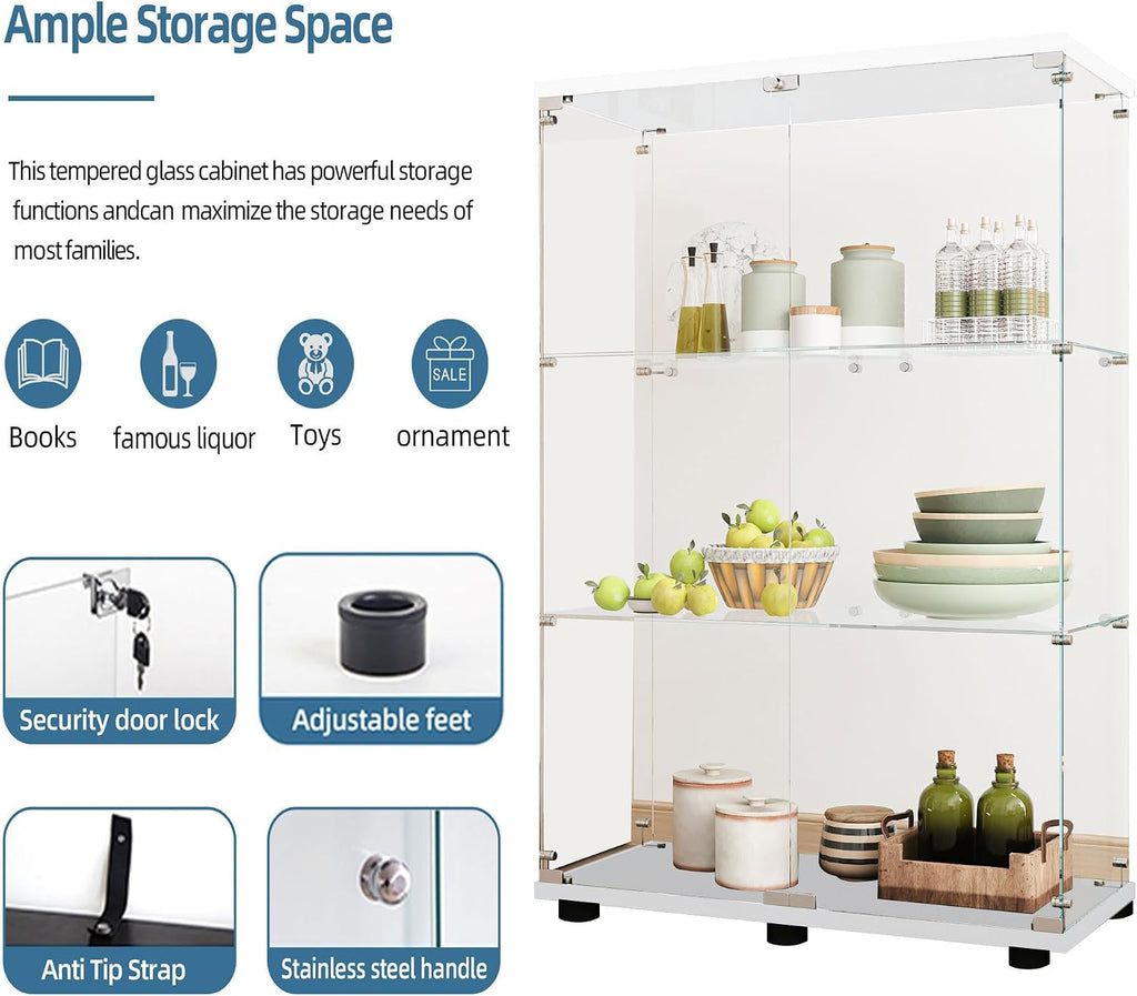Modern Glass Display Cabinet 3-Shelf with LED Light and Lock, 2 Door Curio Cabinets,Tempered Glass Collection Display Showcase for Living Room Home Office,30.9x13.5x49 H,White