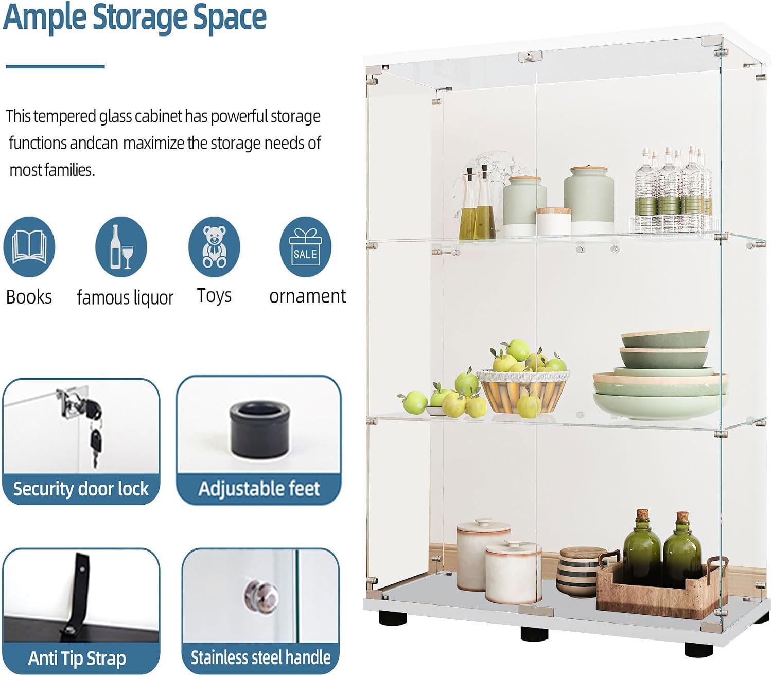 Modern Glass Display Cabinet 3-Shelf with LED Light and Lock, 2 Door Curio Cabinets,Tempered Glass Collection Display Showcase for Living Room Home Office,30.9x13.5x49 H,White