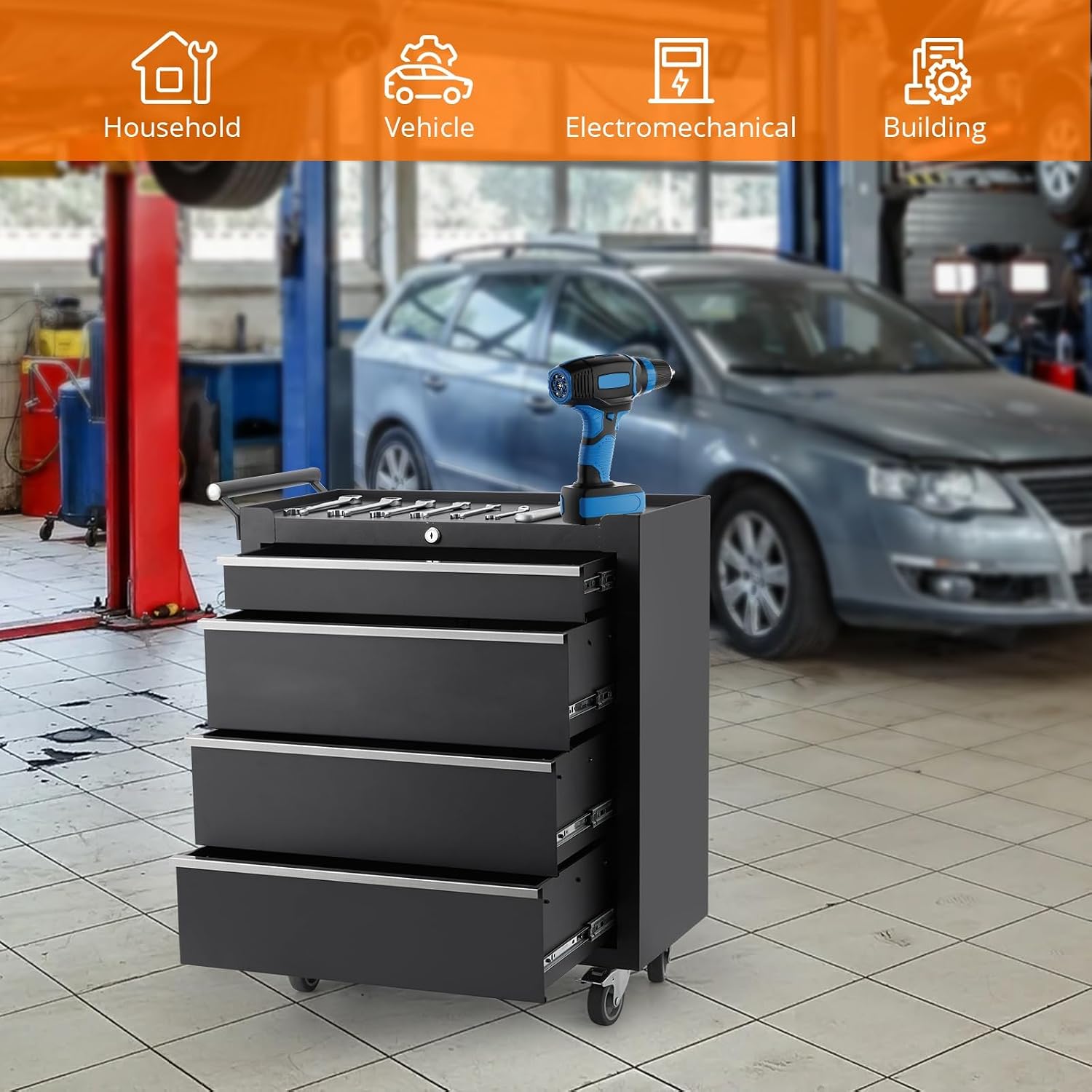 4-Drawer Tool Chest With Wheels, Rolling Tool Cart With Universal Wheels, Sliding Drawers and Protective Liner, Lockable Storage Cabinet for Garage, Workshop, Warehouse