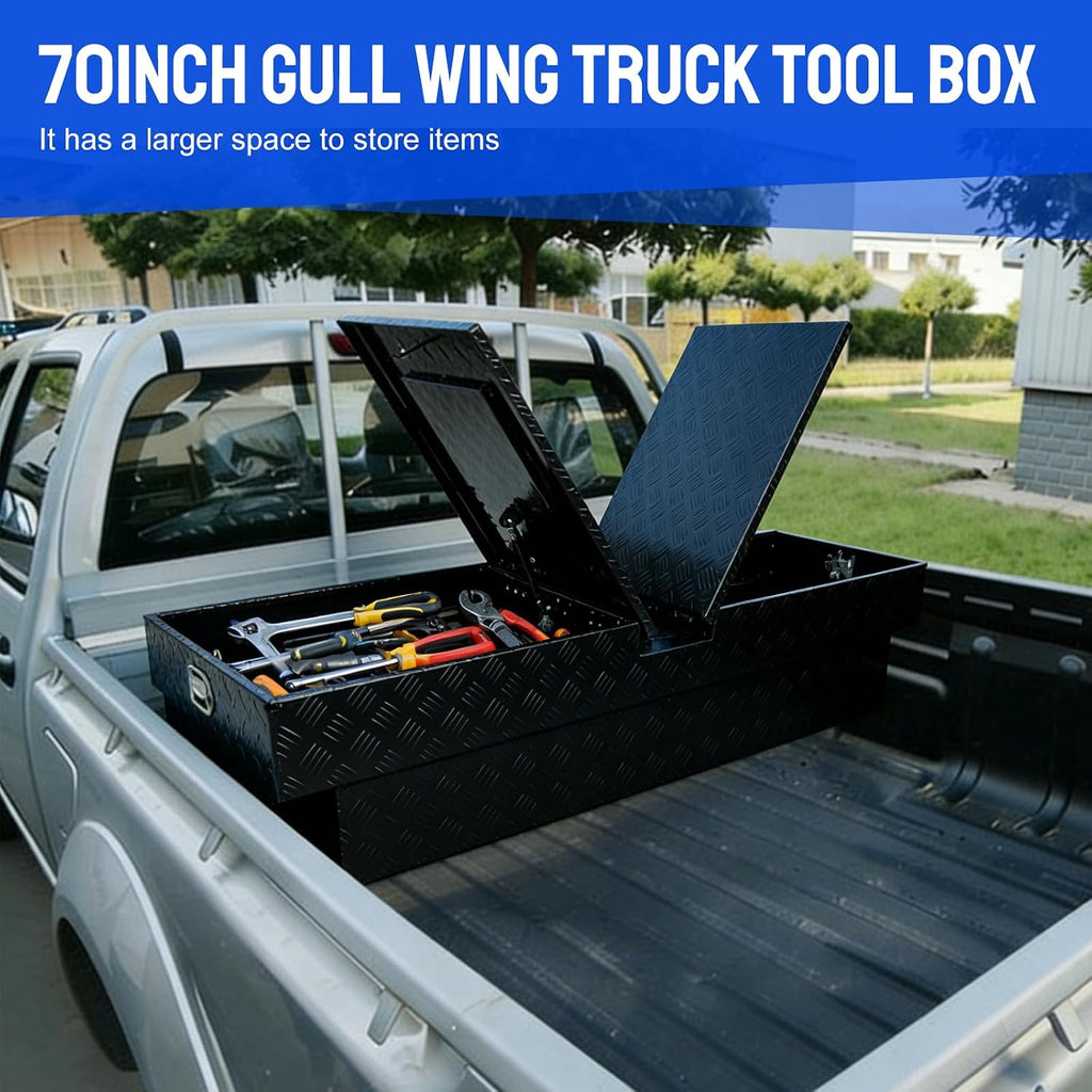 BLACKHORSE-RACING 70inch Heavy Aluminum Gull Wing Truck Tool Box,Crossover Truck Tool Box for Storage and Organization with 2 Latch Locks-Black(70' L x 20' W x 13' H)