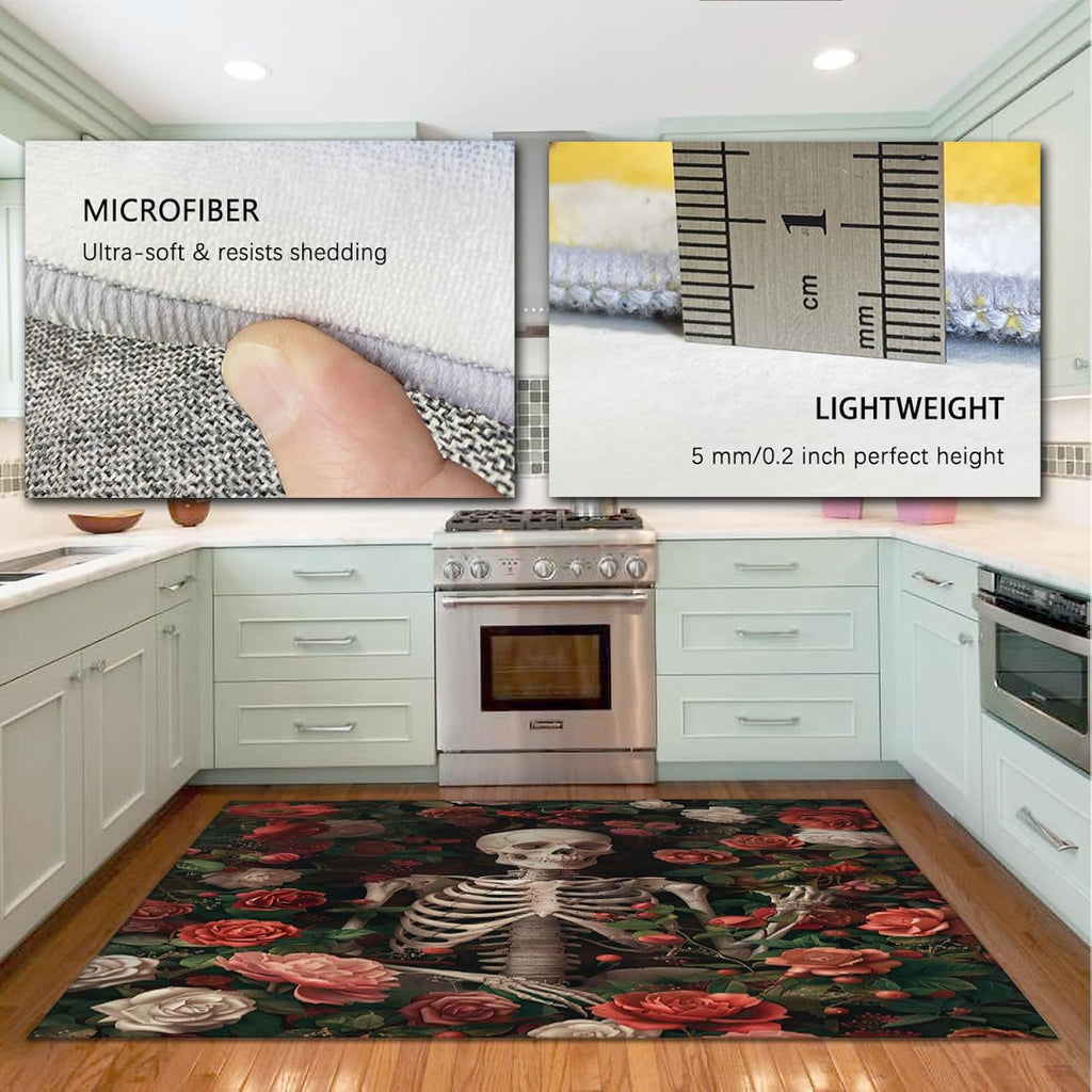 Skull and Flowers Area Rug 4'x8' - Rose Garden Doormat for Living Room Modern Floral Easy 4'x8' -Cleaning Carpet for Sofa Coffee Tables