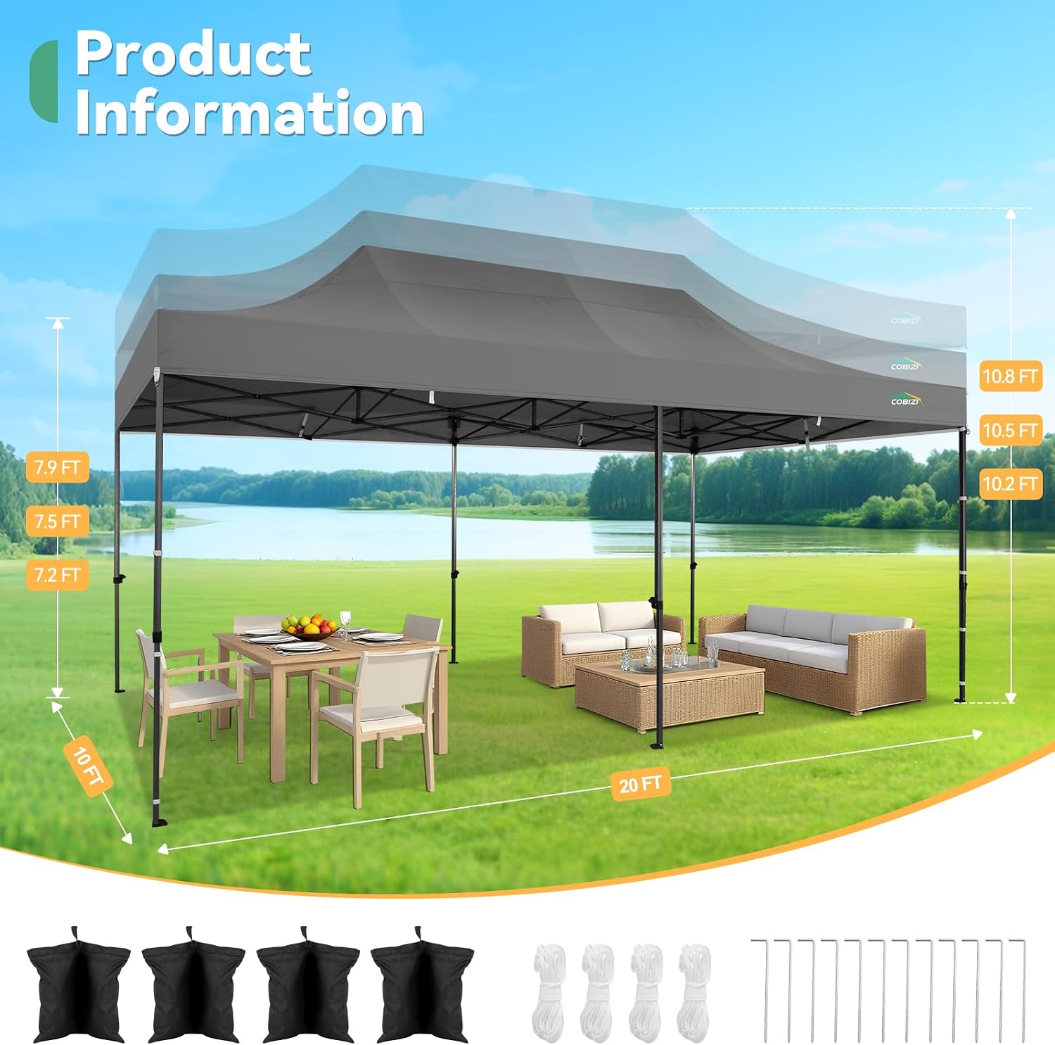 COBIZI 10x20 Pop up Canopy Tent Heavy Duty with 6 Sidewalls, Easy Set-up Commercial Outdoor Party Tents, 100% Waterproof Wedding Gazebo, 3 Height Adjustable with Wheeled Bag,Gray