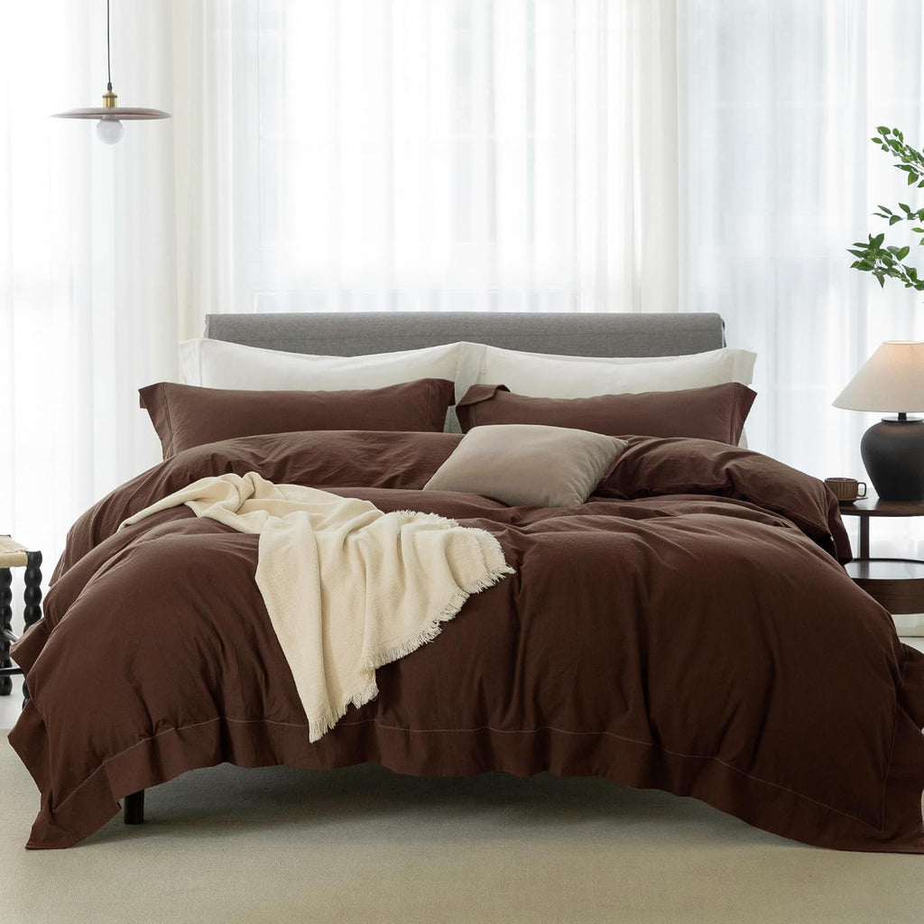 Cooling Duvet Cover Set 3 Pieces-100% Washed Cotton with Chic Wide Trim Design Linen Like Textured Ultra Soft Cozy Bedding with Zipper Closure(Hemmed Cocoa Brown,Oversized King 120'x98')