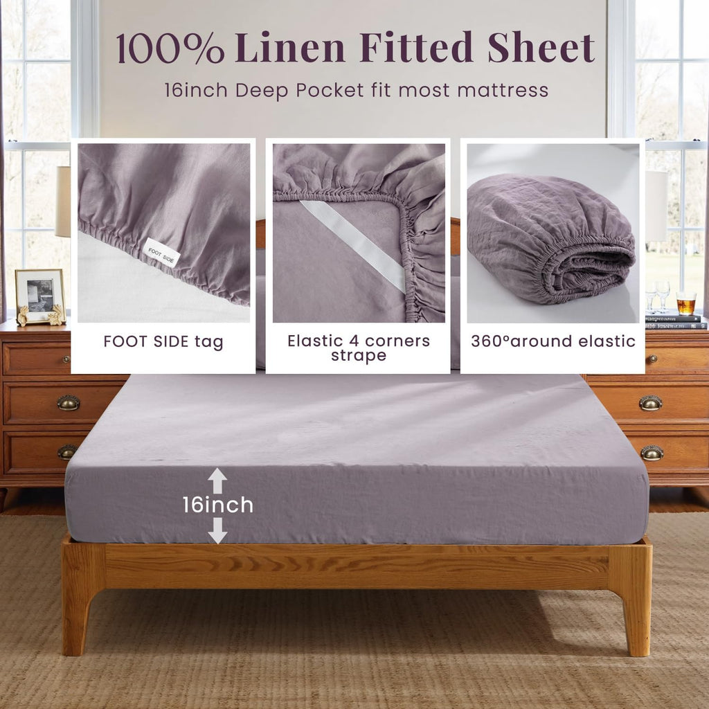 S VICTORY SYMBOL 100% Organic Linen Sheets Set Queen Size,Washed French Flax Bed Sheets 4 Pieces(2 Pillowcases,1 Fitted Sheet,1 Flat Sheet) Dusty Purple,Natural Linen Bedding