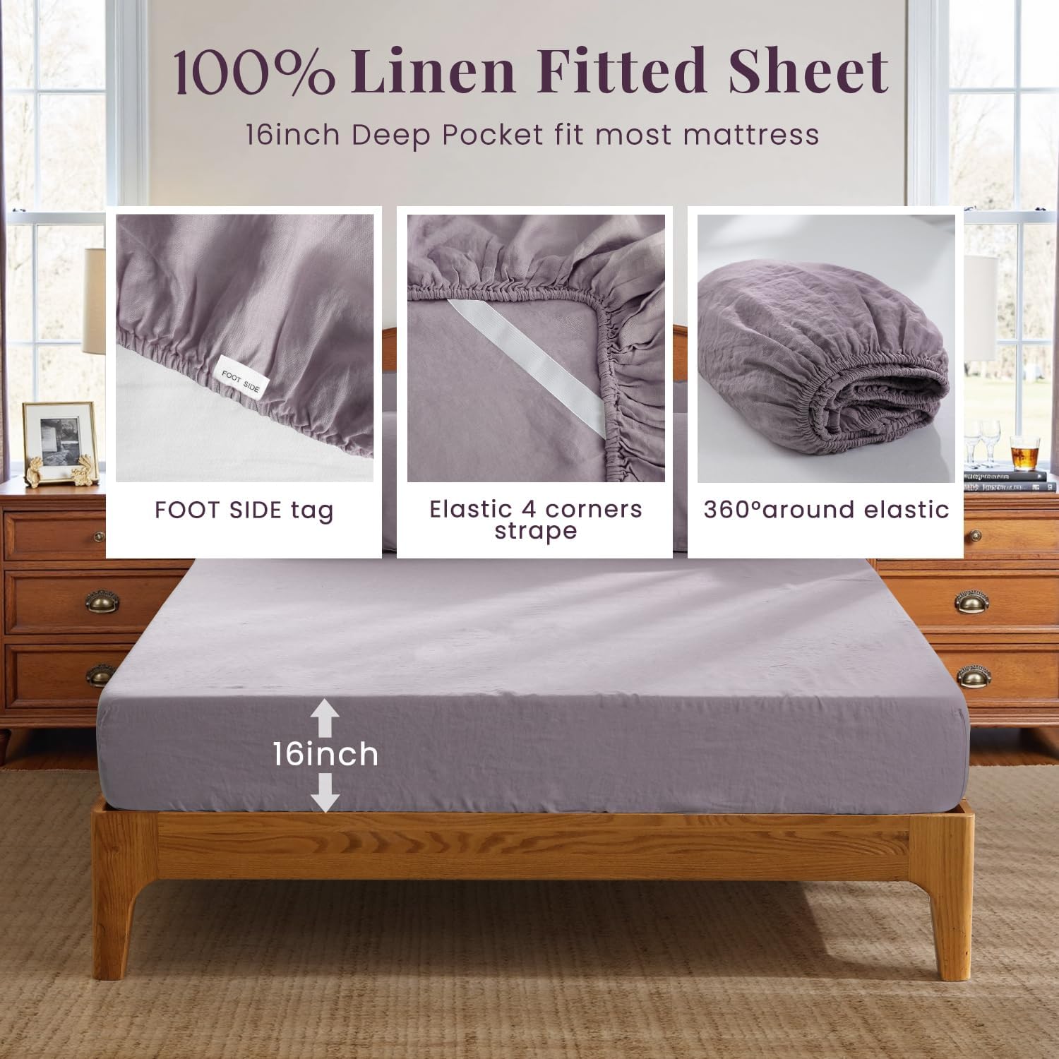 S VICTORY SYMBOL 100% Organic Linen Sheets Set Queen Size,Washed French Flax Bed Sheets 4 Pieces(2 Pillowcases,1 Fitted Sheet,1 Flat Sheet) Dusty Purple,Natural Linen Bedding