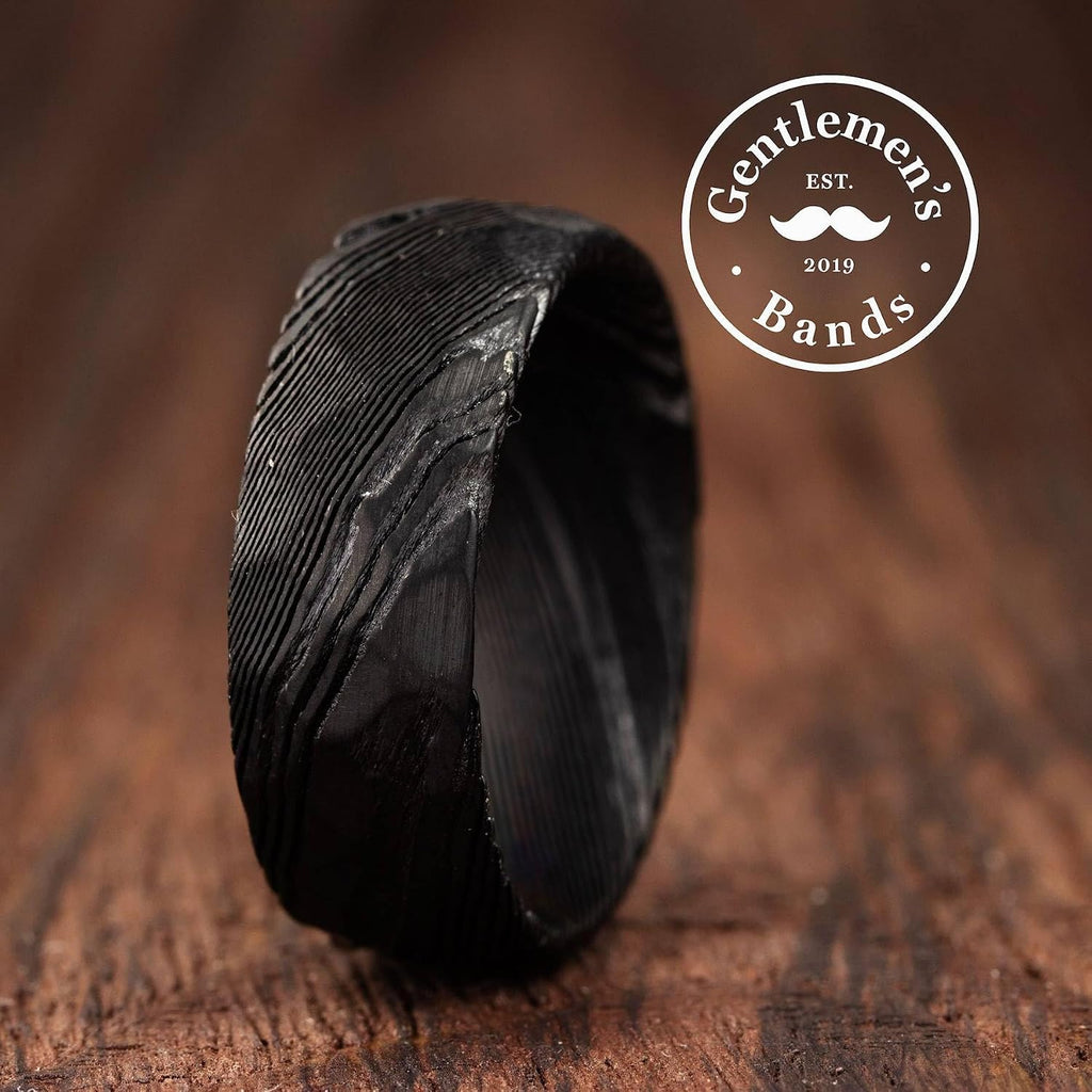 Gentlemen's Bands Men's Premium Black Damascus Steel Wedding Band with Layered Damascus Design | Wedding Ring Is Ideal Gift | Package Includes Silicon Band, Walnut Ring Box, Leather Pouch