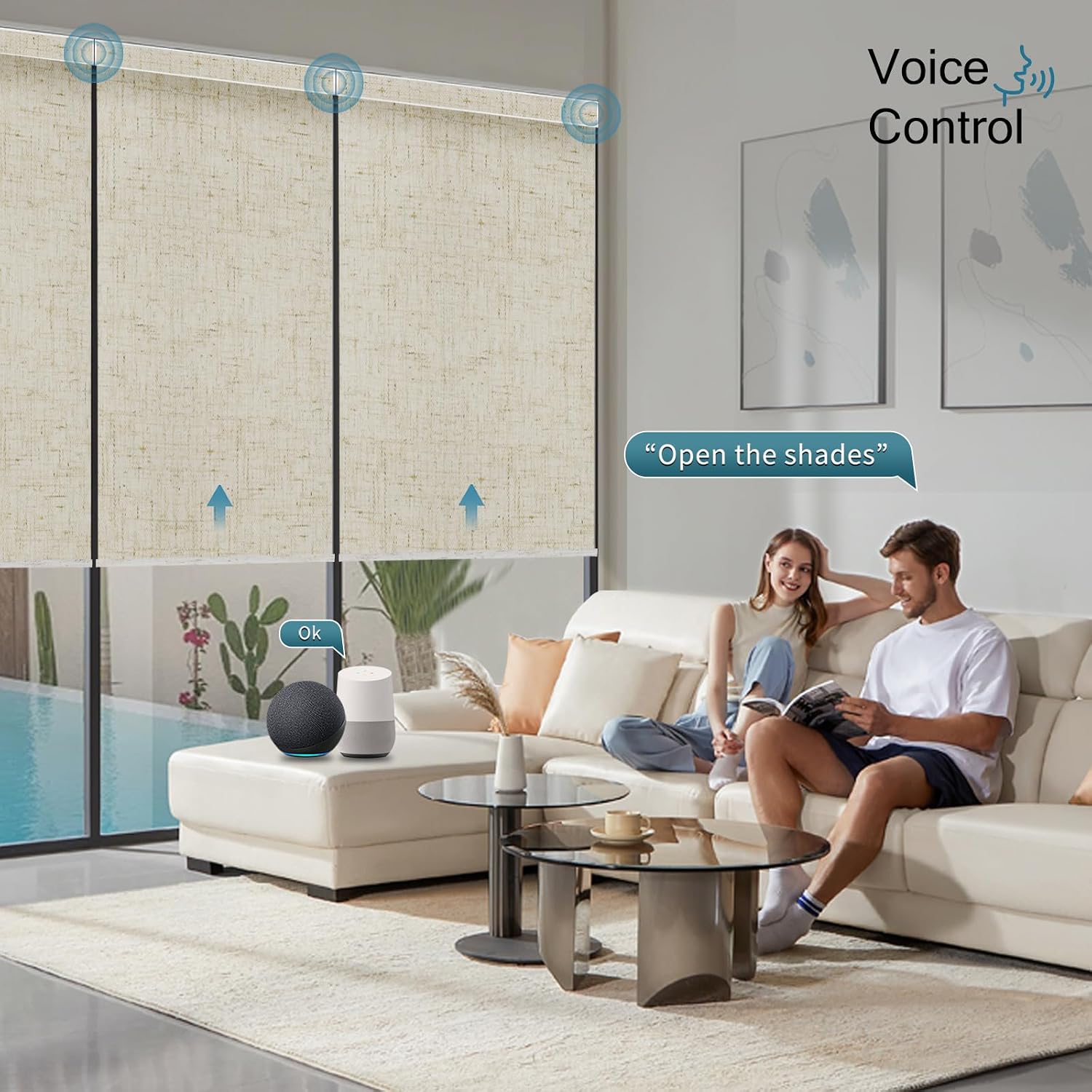 Motorized Roller Shade, 100% Blackout Smart Window Blinds Work with Homekit, Alexa, Google Home, Remote Control, Electric Blinds with USB/Solar Pannel,Custom up110''Wx120''H,Linen Stone