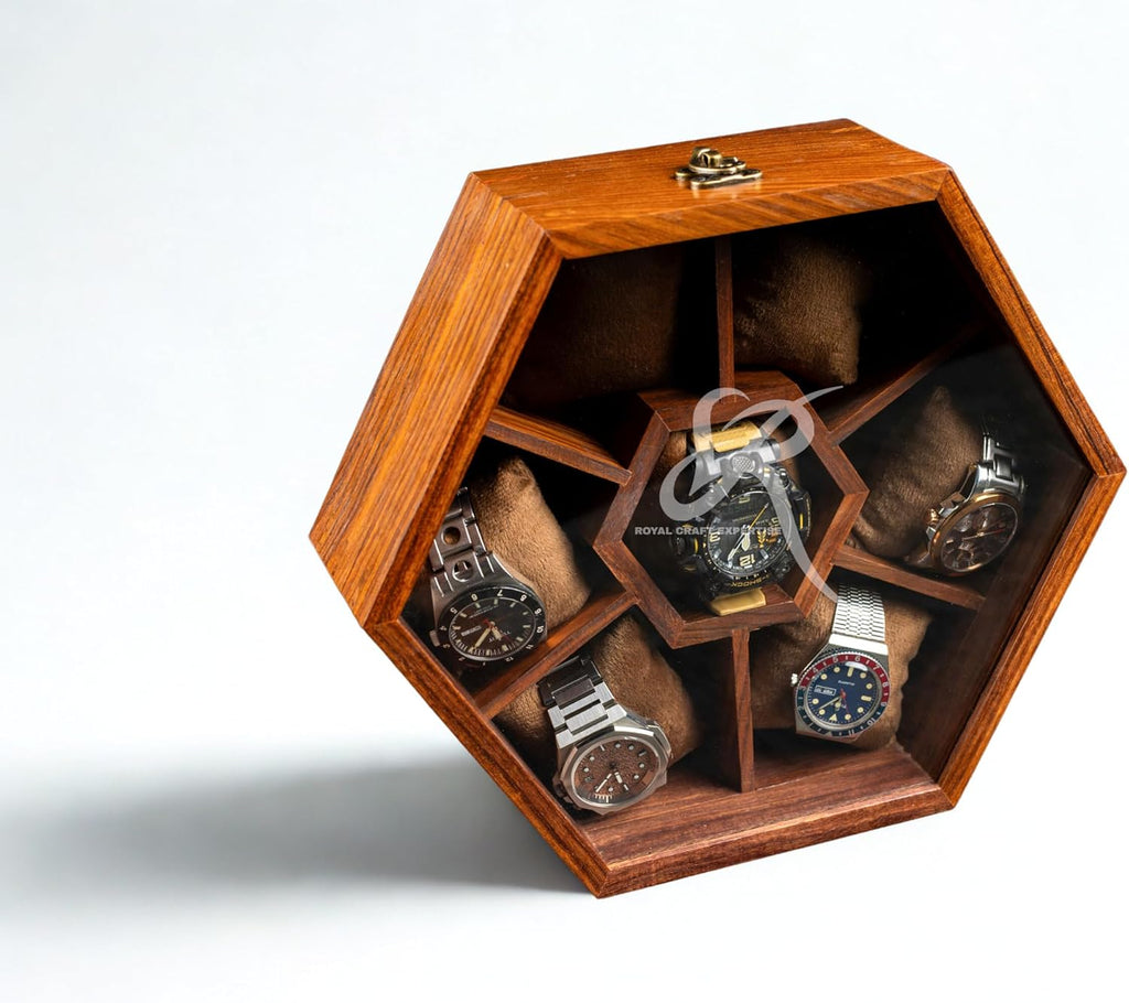 Premium 7-Slot Wooden Timepiece Display Case – Handcrafted Honeycomb Watch Box for Men in Superior Indian Rosewood | Hinged Glass Cover – Father's Day Gift – Luxury Built to Last